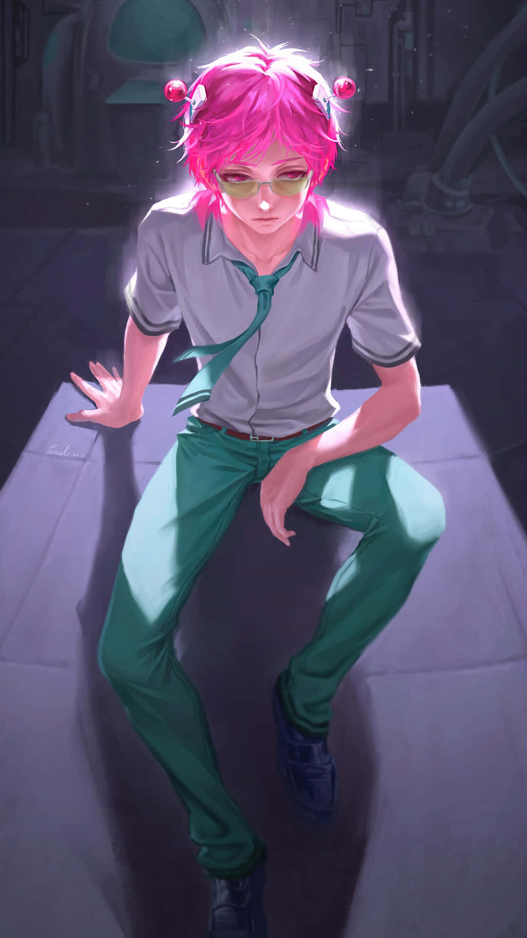 The Disastrous Life Of Saiki K, pink-haired anime character, glasses, Full HD Phone Wallpaper