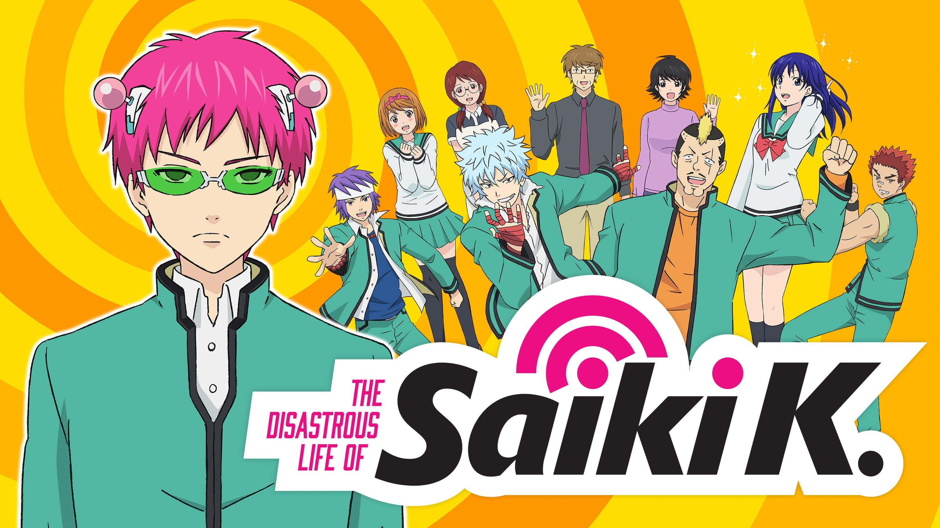The Disastrous Life Of Saiki K, yellow orange background, bold title text, 2K Desktop Wallpaper