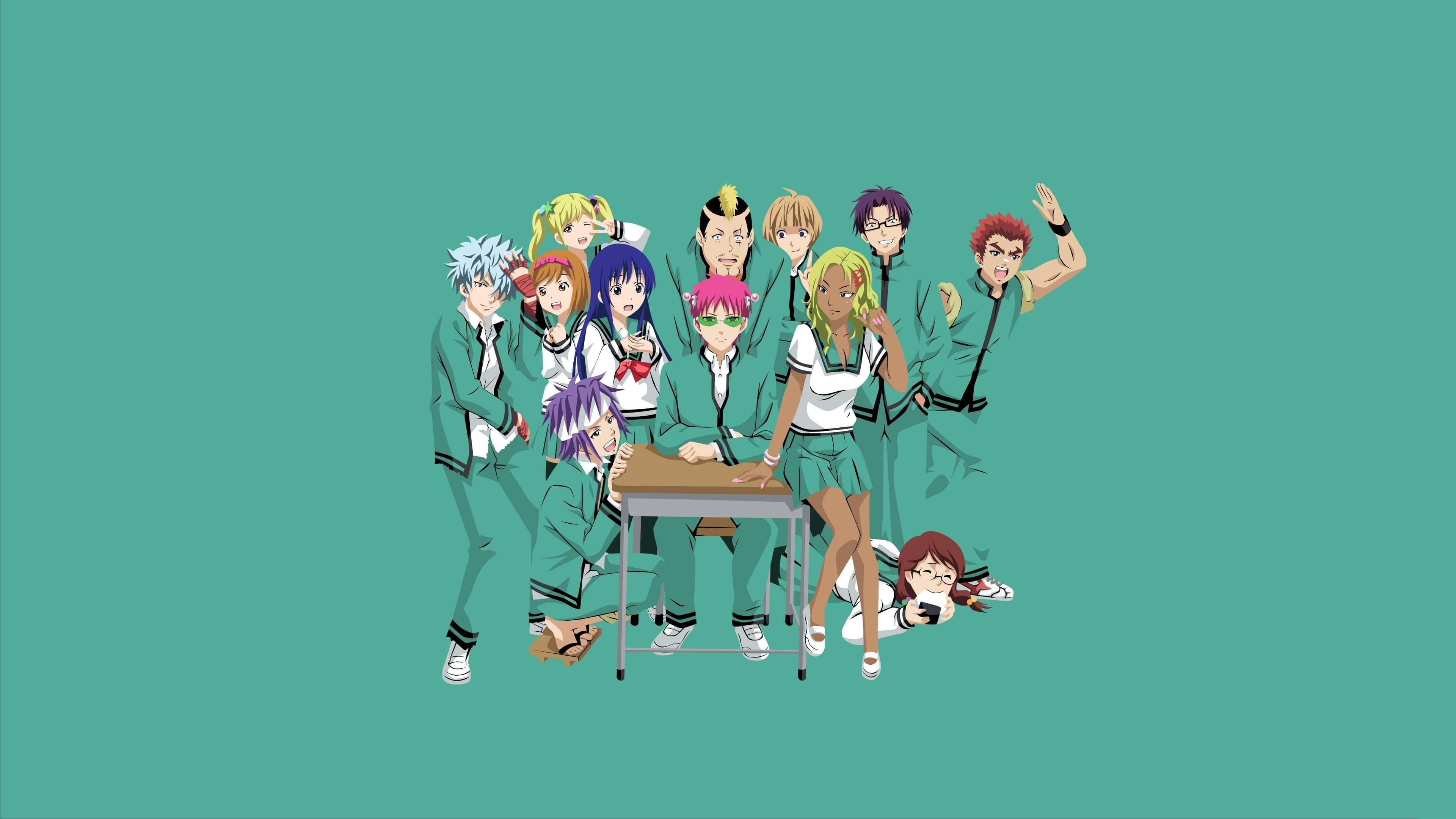 The Disastrous Life Of Saiki K, green uniforms, teal background, 4K Desktop Wallpaper