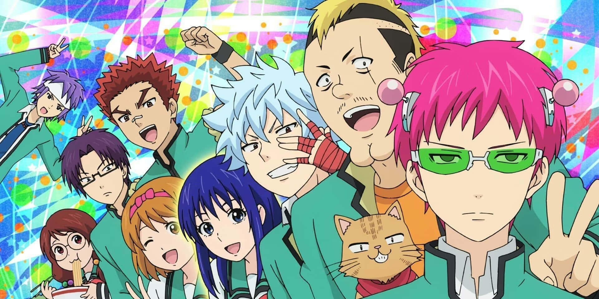 Saiki K, cast celebration, green uniforms, Full HD Desktop Wallpaper