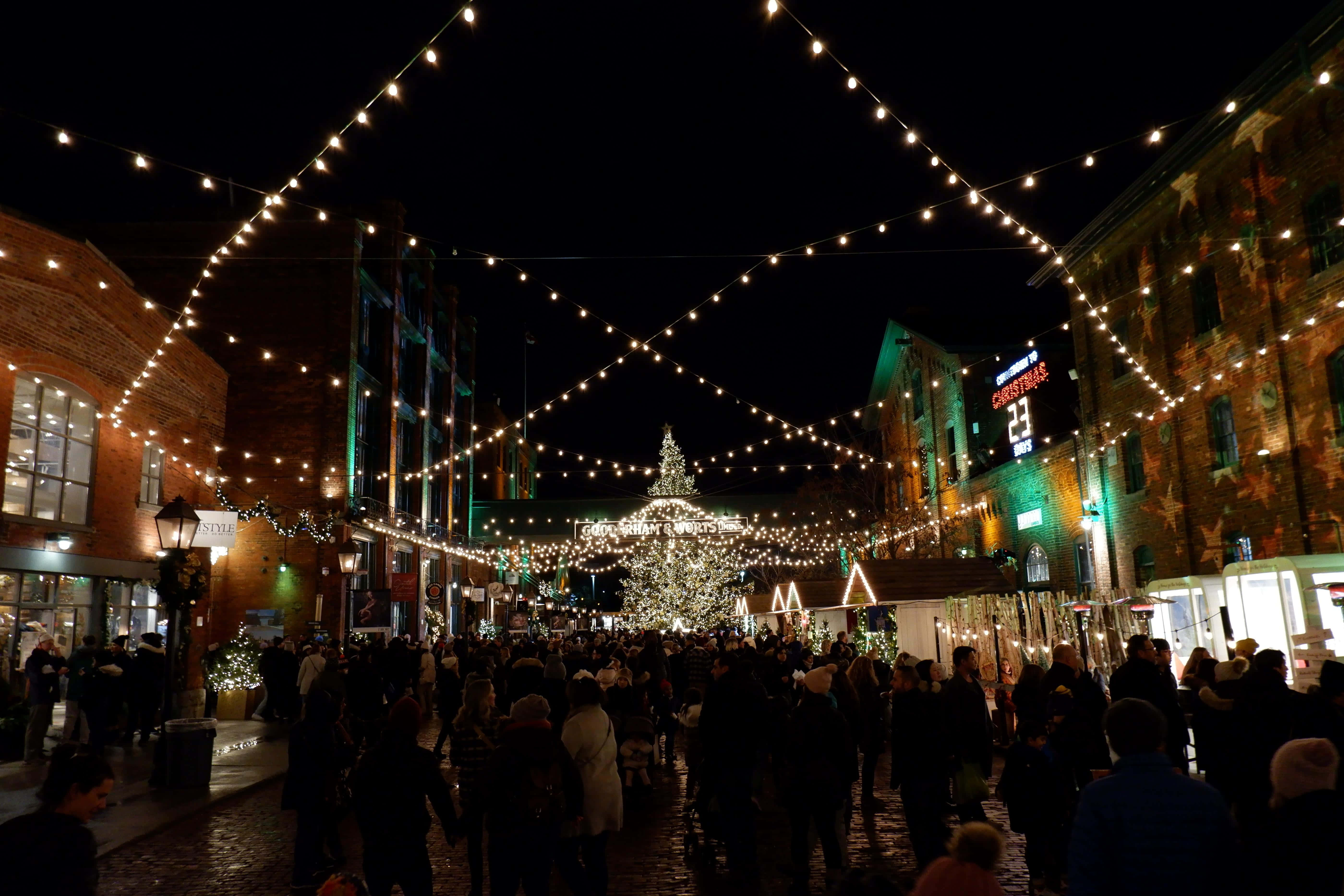 Distillery District, holiday lights, nighttime street, 5K Desktop Wallpaper