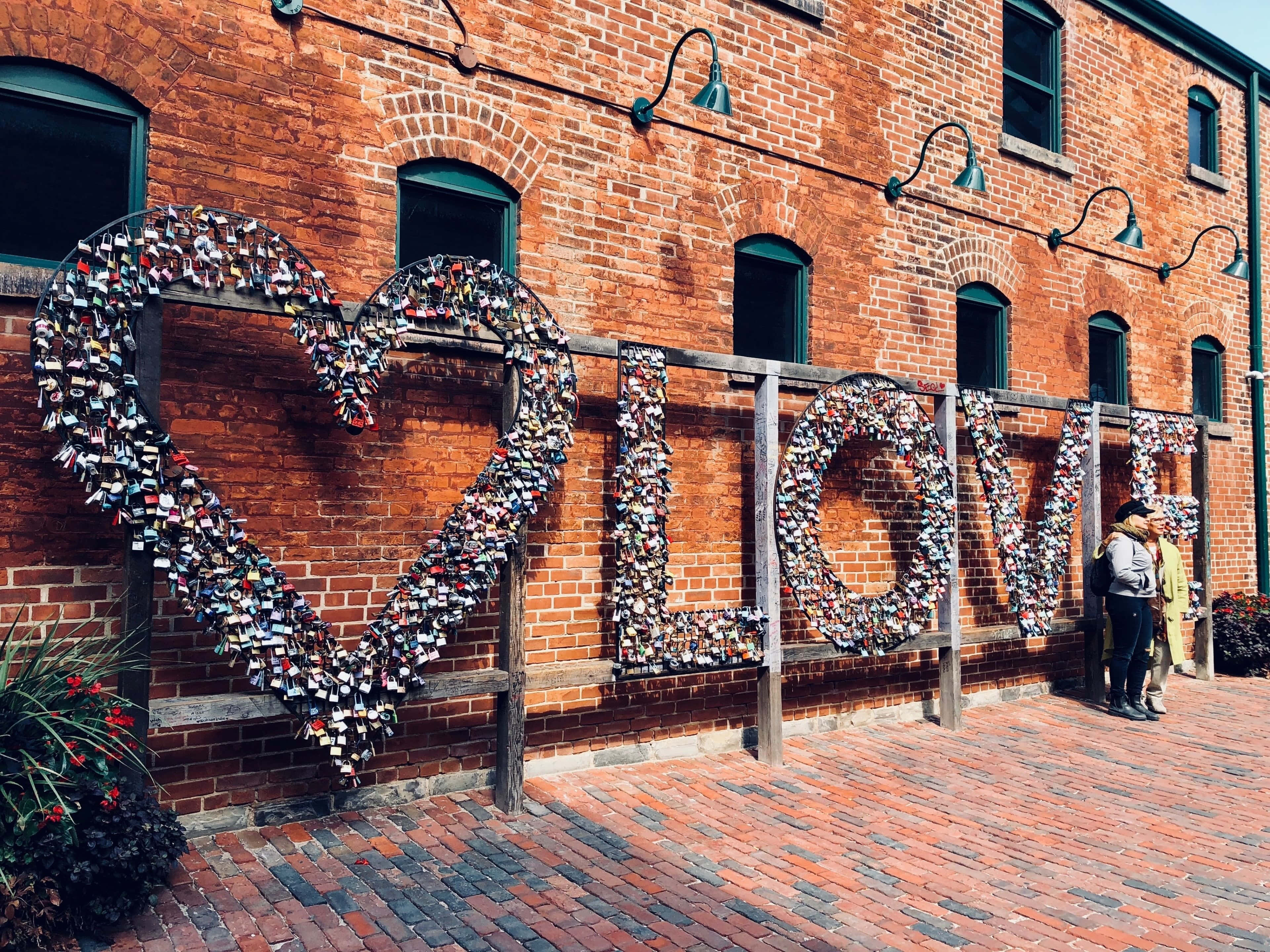 Distillery District, love locks wall, red brick wall, 4K Desktop Wallpaper