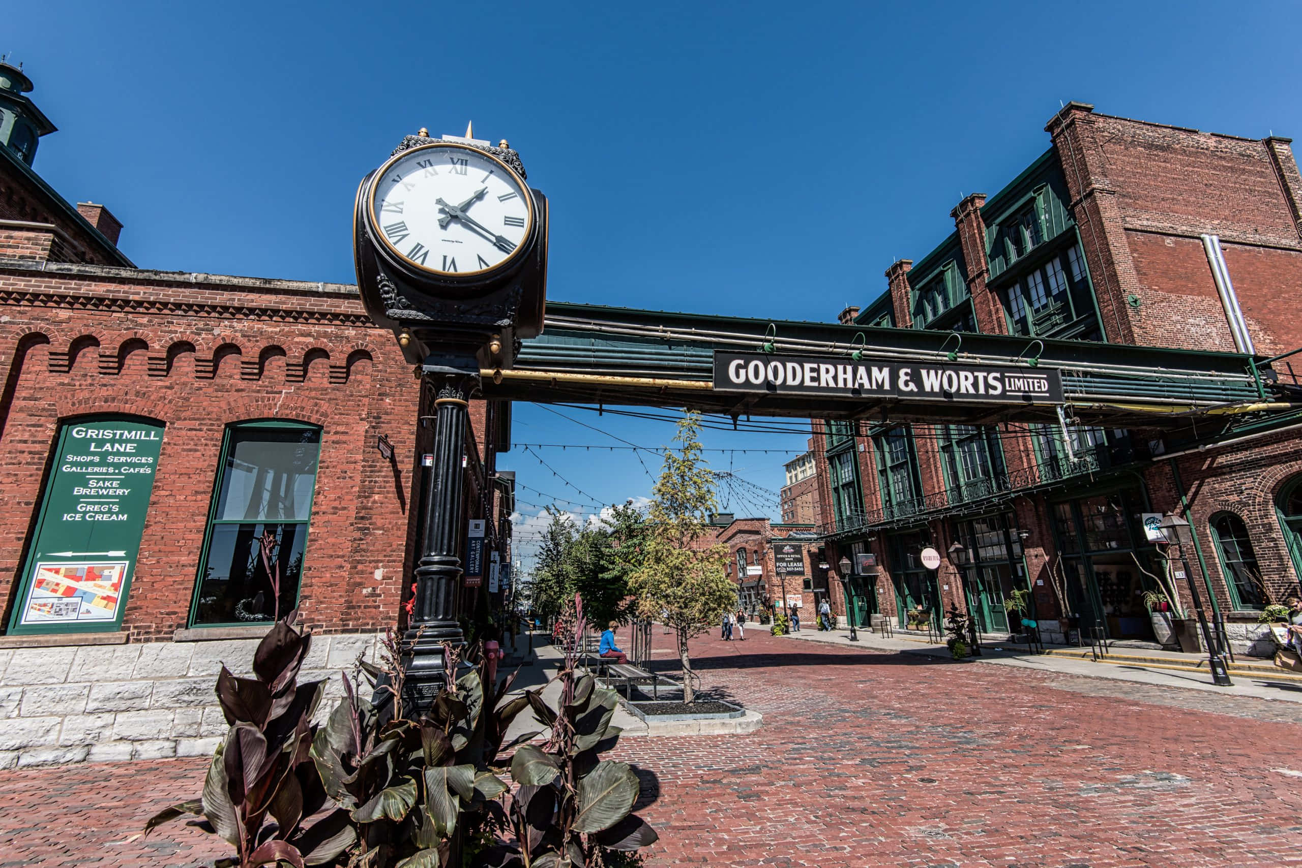 Distillery District, vintage clock, historic red brick buildings, 2K Desktop Wallpaper