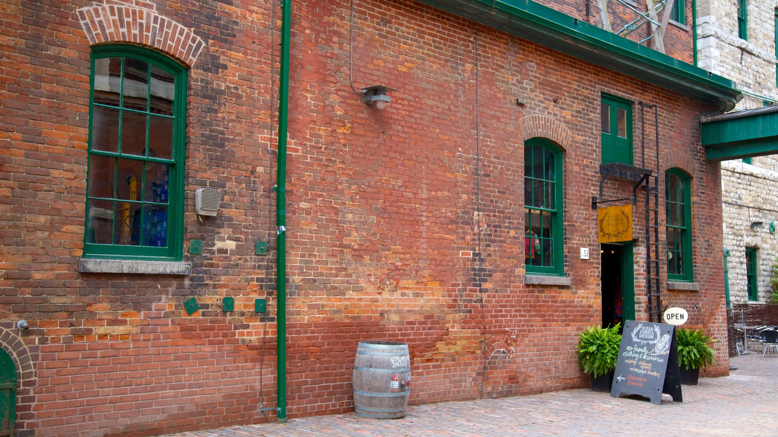 Distillery District, red brick building, green windows, 2K Desktop Wallpaper
