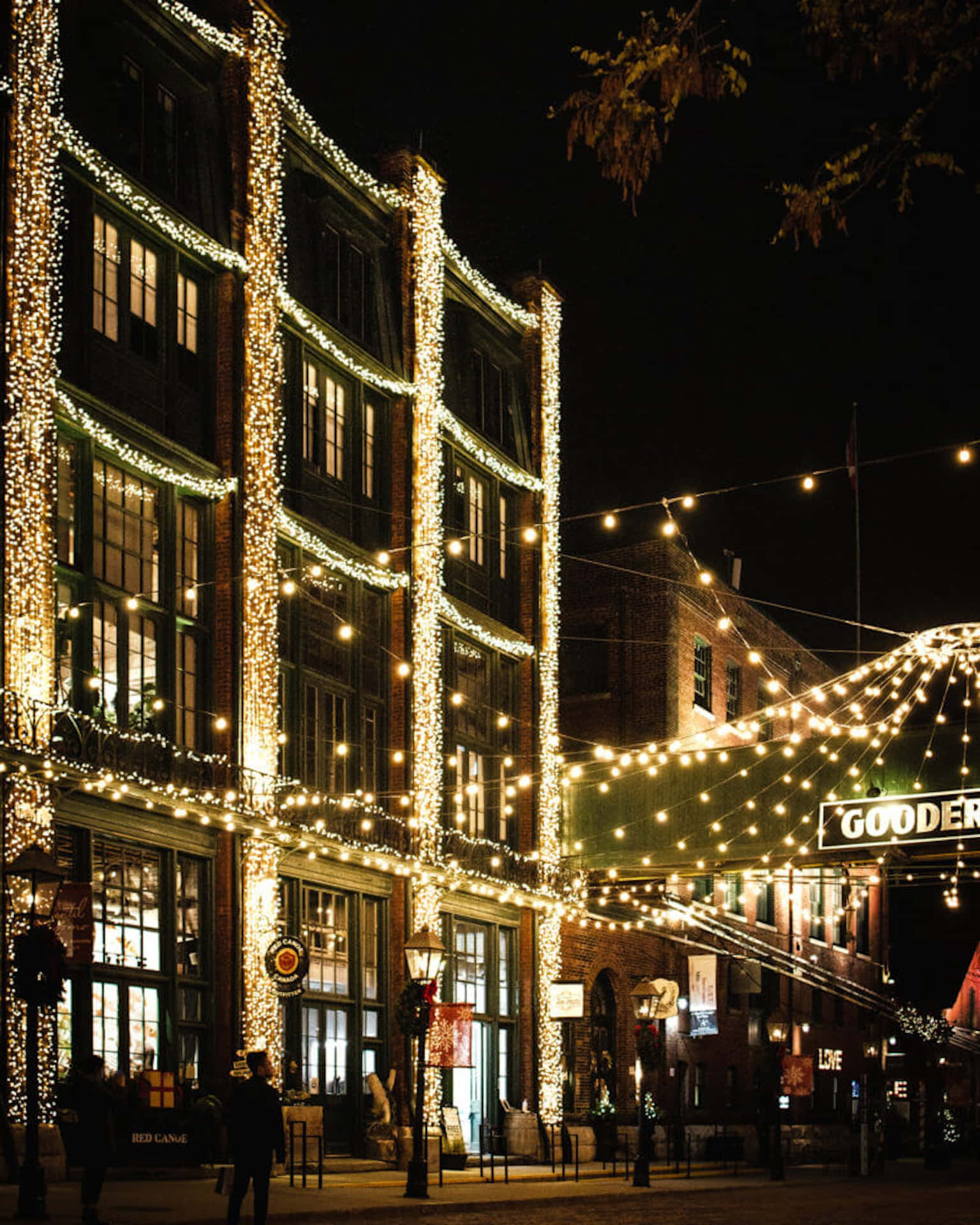 Distillery District, holiday lights, string lights, Full HD Phone Wallpaper