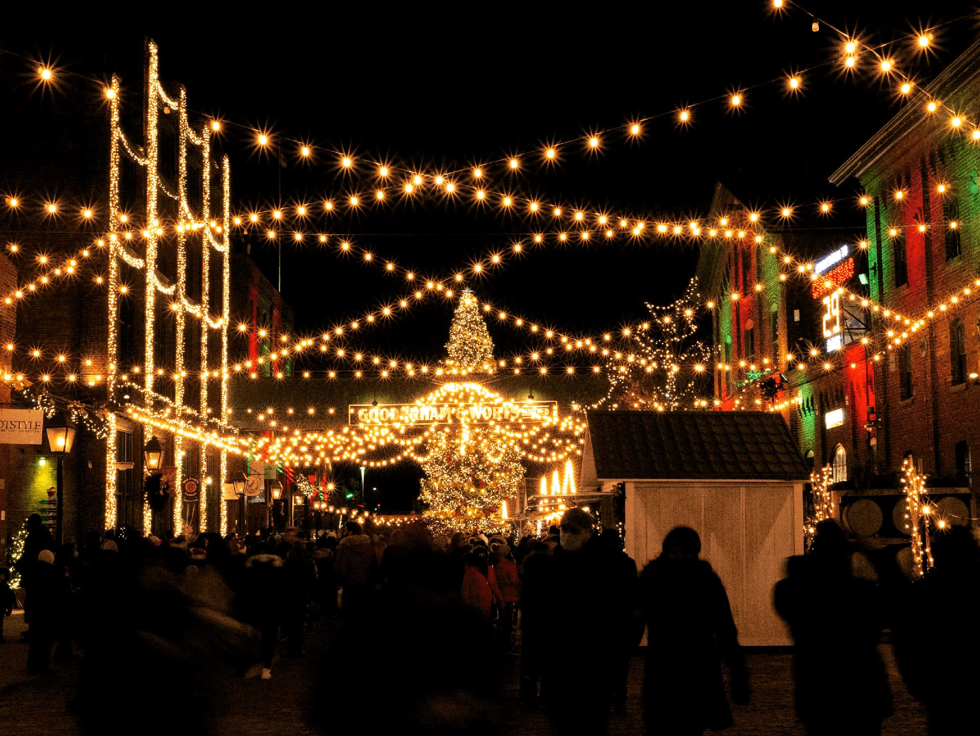 Distillery District, holiday lights, winter night market, Full HD Desktop Wallpaper
