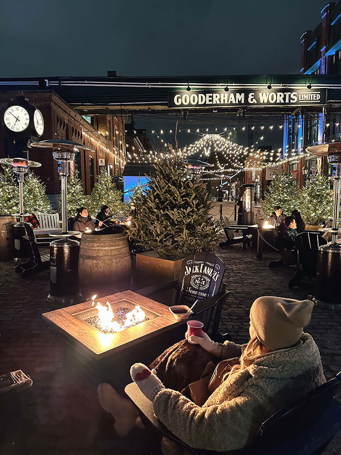 Distillery District, winter evening, glowing fire pit, Full HD Phone Wallpaper