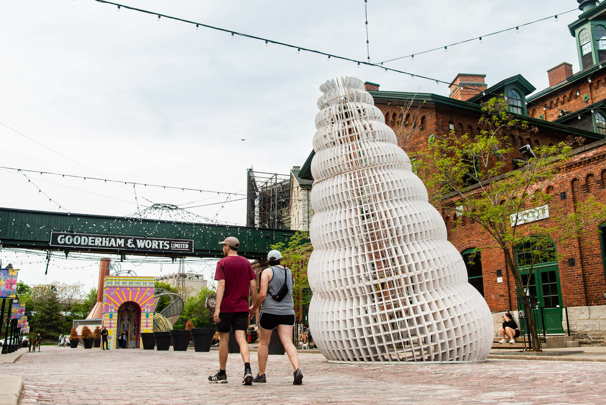 Distillery District, white spiral sculpture, brick-paved urban plaza, Full HD Desktop Wallpaper