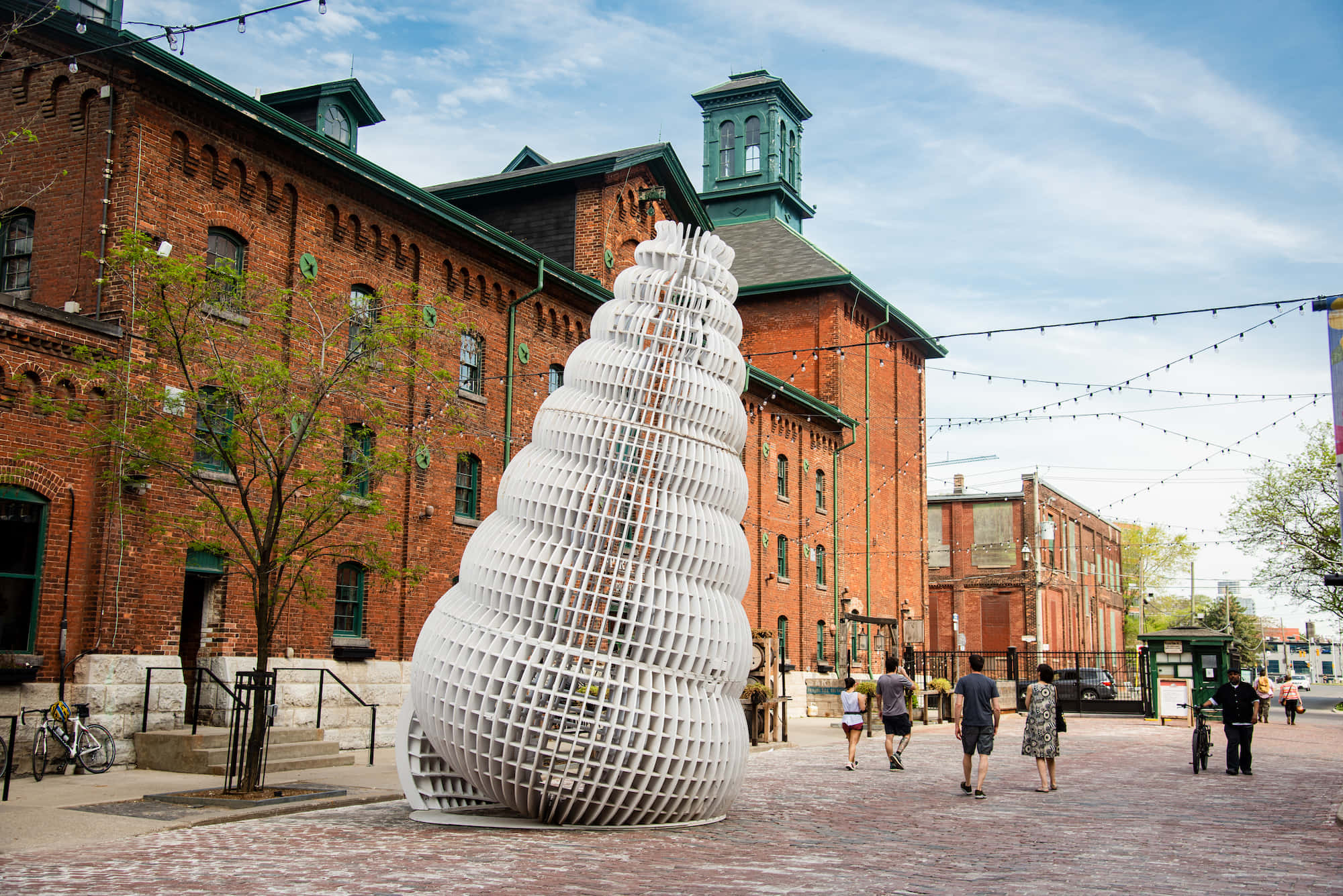Distillery District, white spiral sculpture, brick plaza, Full HD Desktop Wallpaper