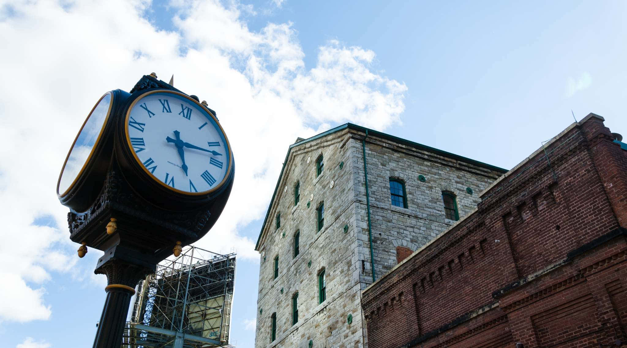 Distillery District, clock tower, brick and stone buildings, Full HD Desktop Wallpaper