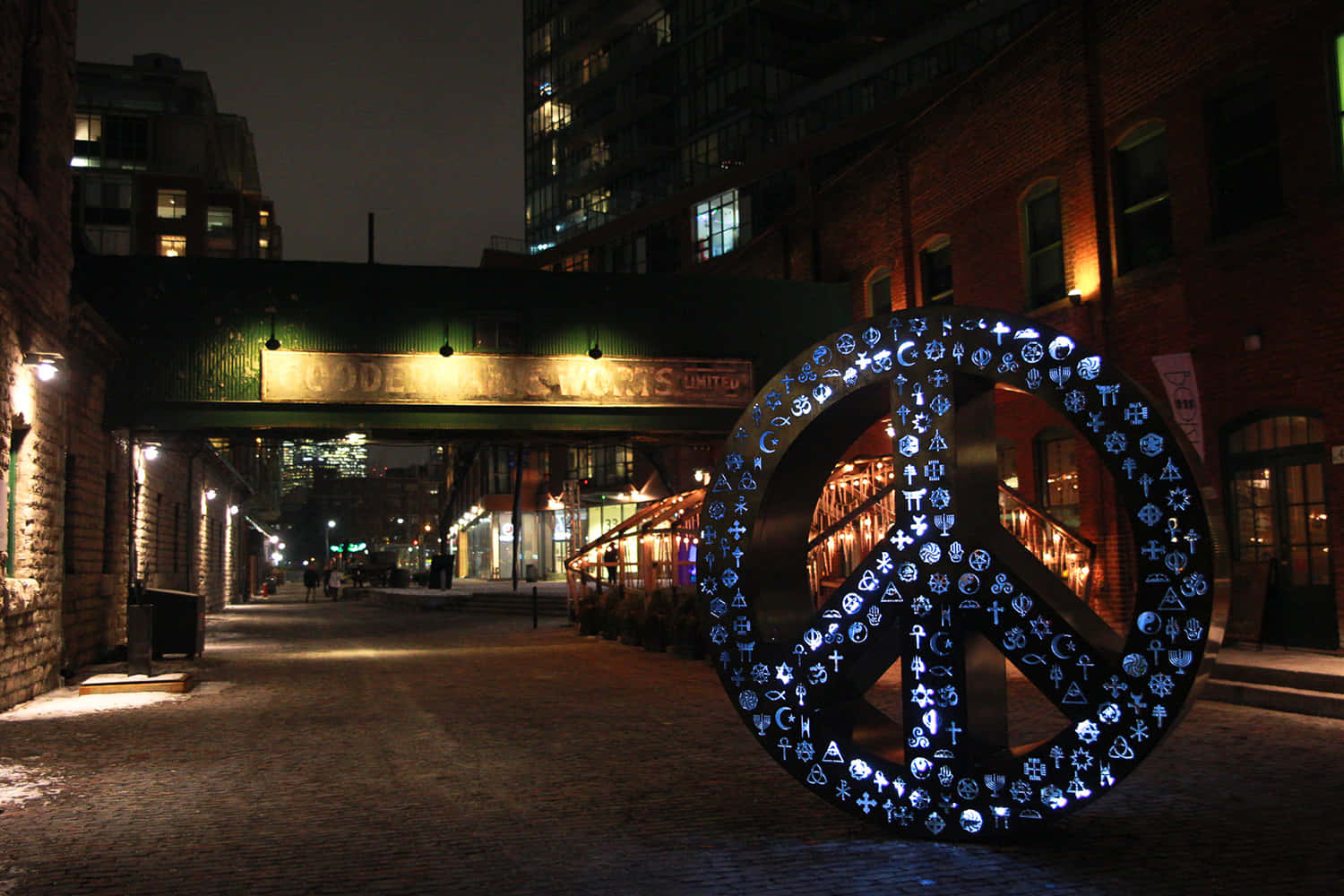 Distillery District, peace sign, snowy urban alleyway, HD Desktop Wallpaper