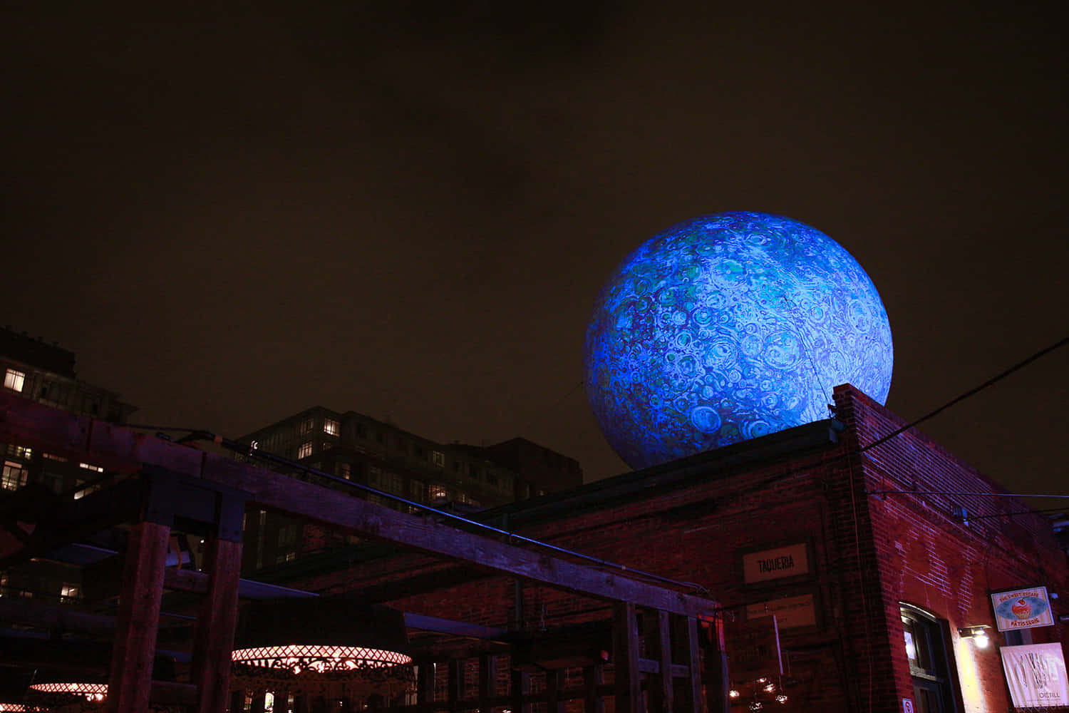 Distillery District, nighttime, giant glowing blue sphere, HD Desktop Wallpaper