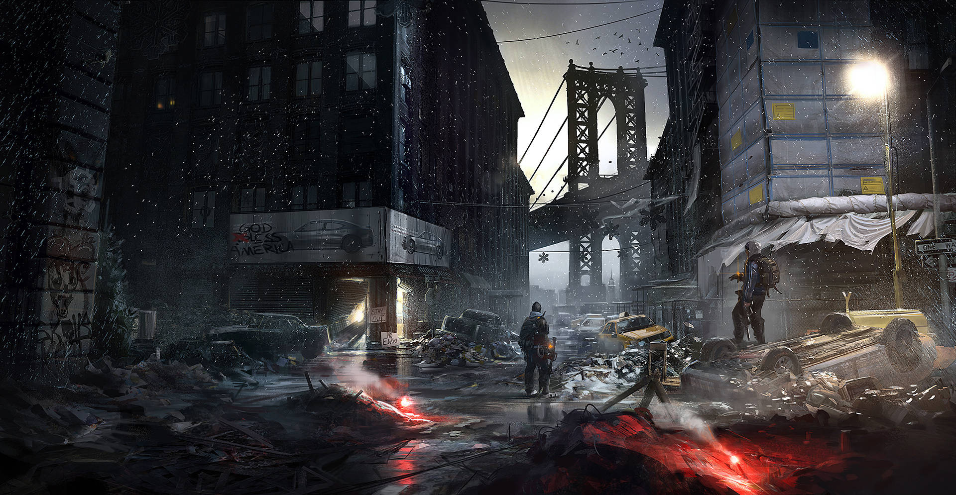 The Division, red lights, snow-blown, Full HD Desktop Wallpaper