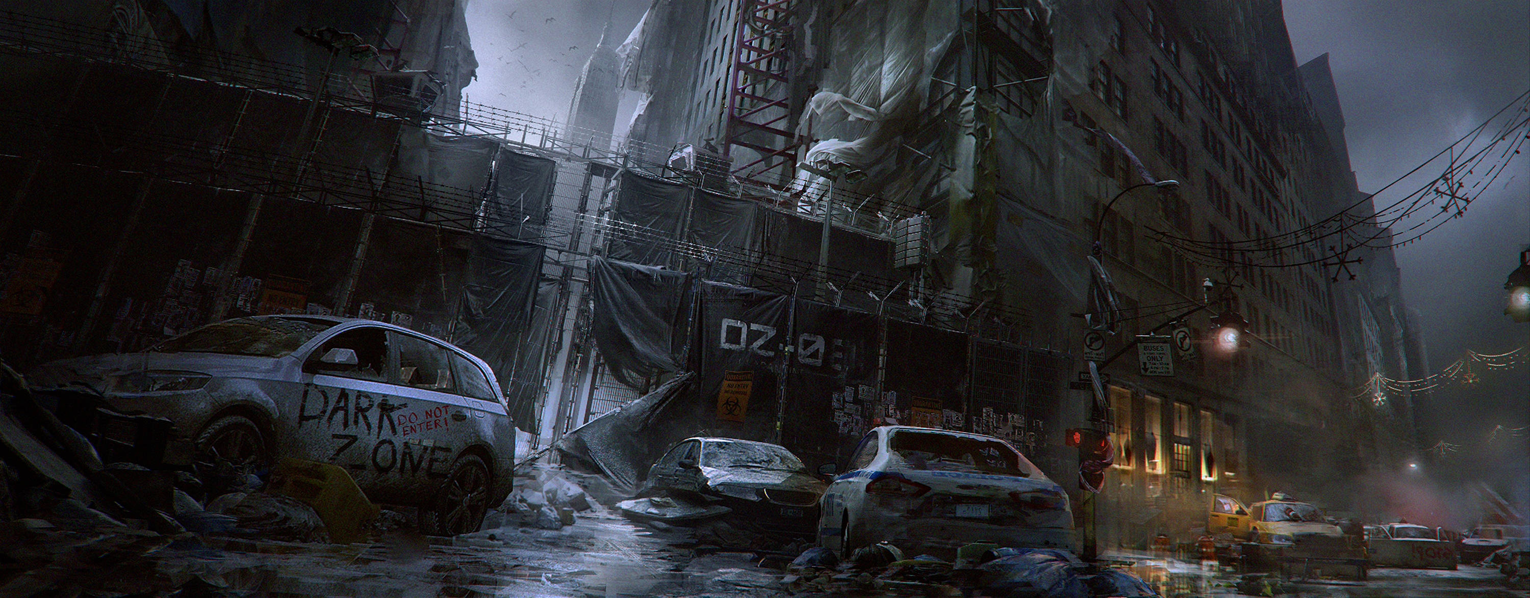The Division, abandoned cars, rain-soaked urban street, 2K Desktop Wallpaper
