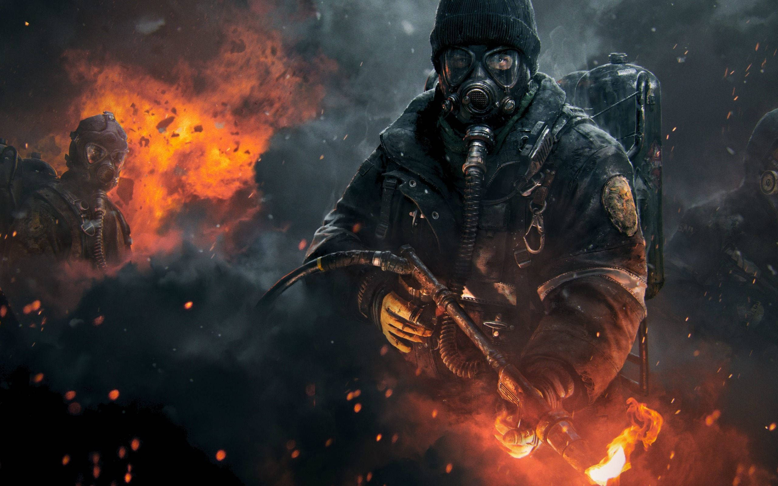 The Division, gas masks, fiery smoke, 2K Desktop Wallpaper