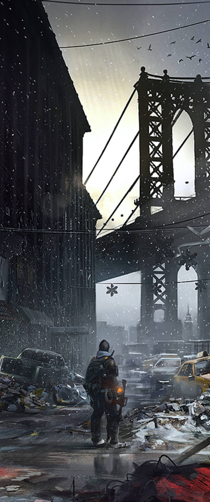 The Division, soldier, snow-covered ruined city street, Full HD Phone Wallpaper