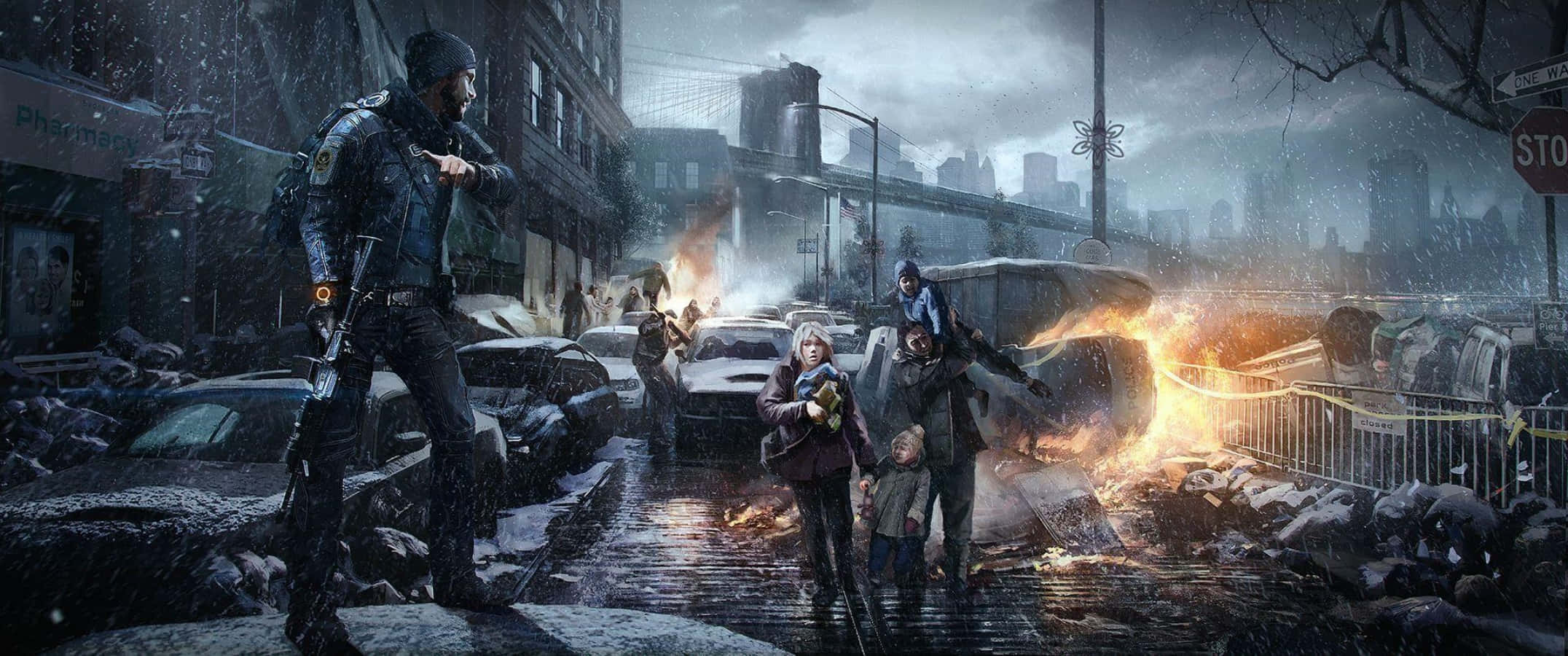 The Division, snowy urban street, armed figures, Full HD Desktop Wallpaper