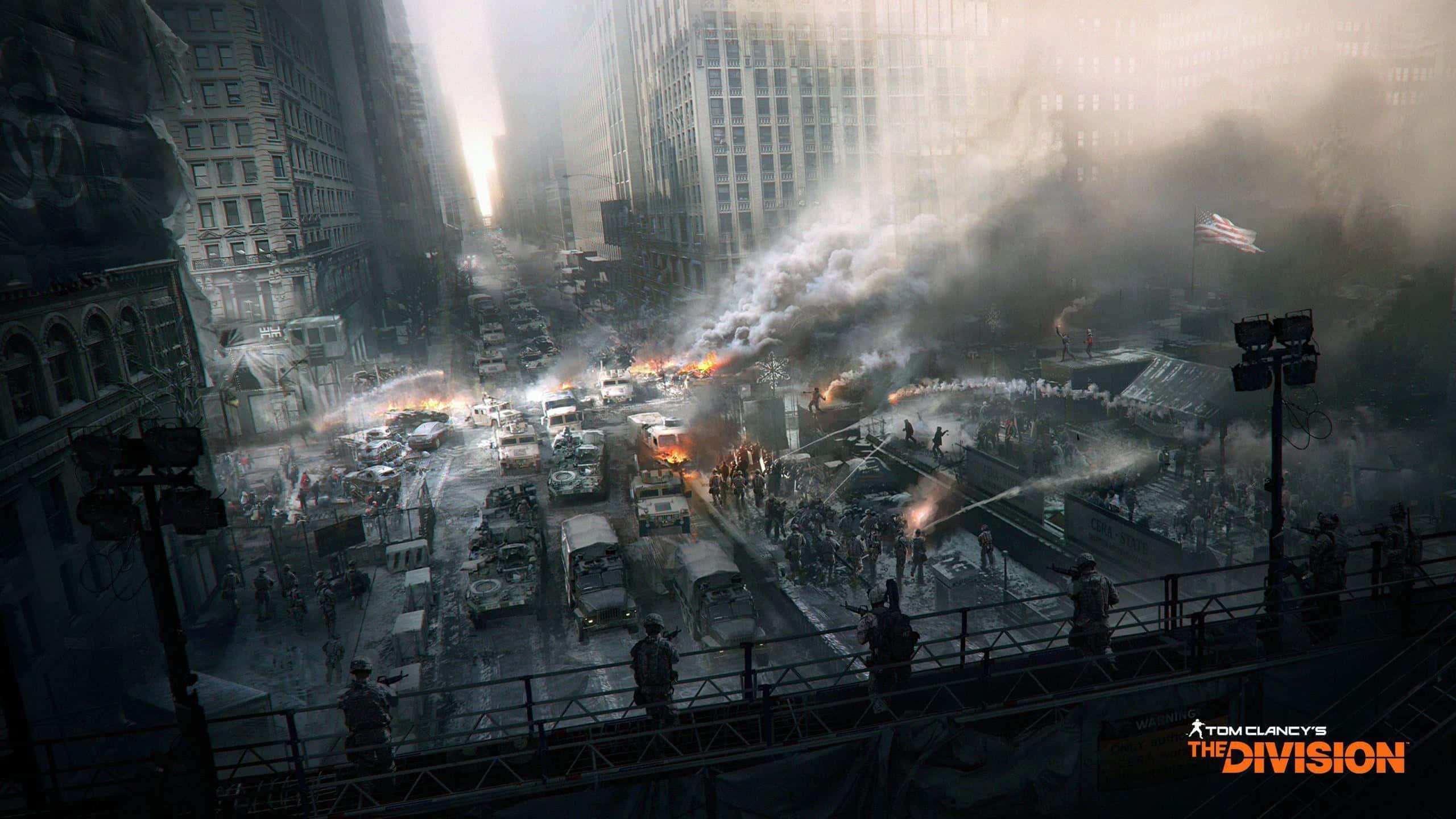 The Division, urban street battle, burning vehicles, 2K Desktop Wallpaper