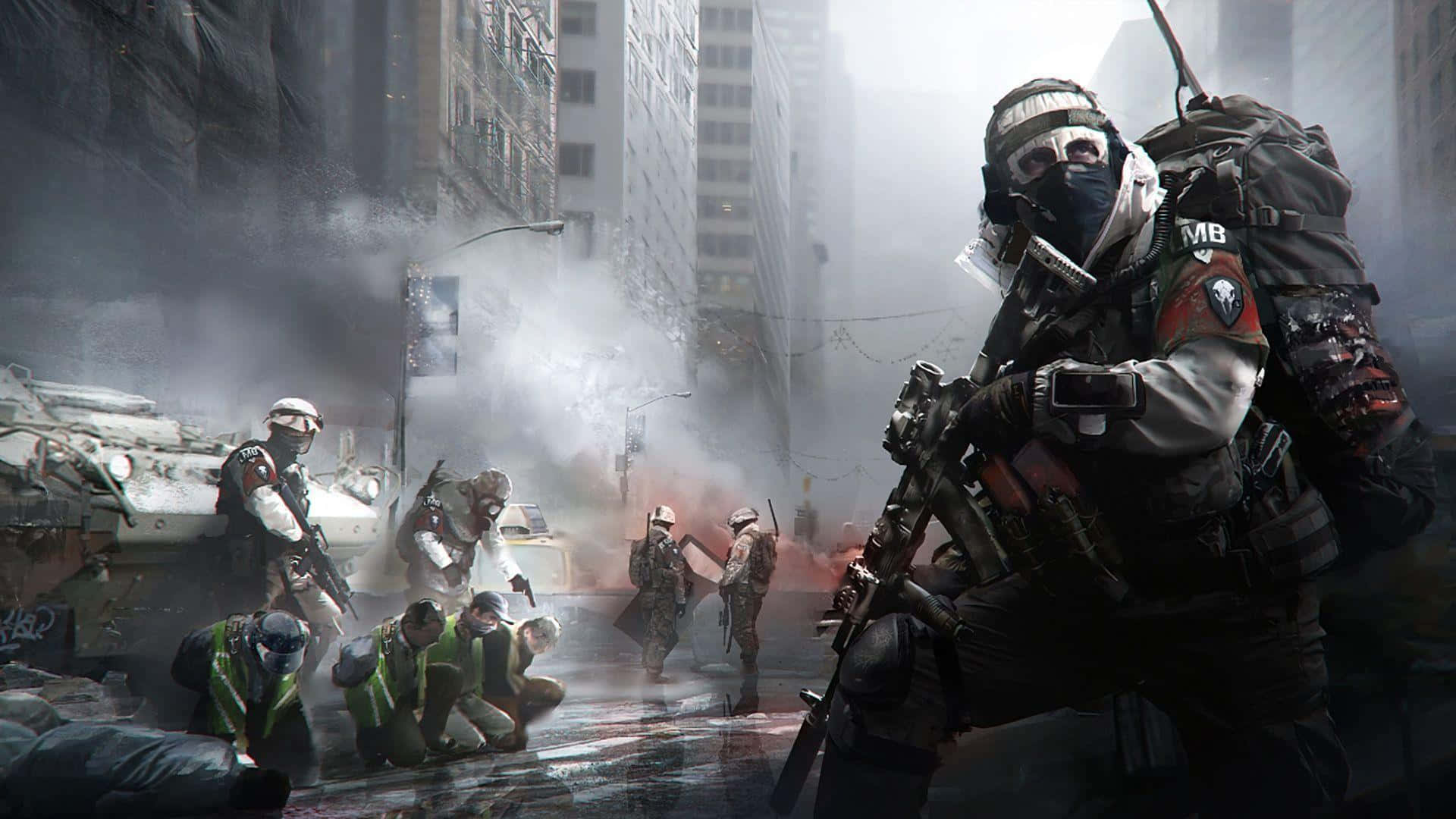 The Division, tactical gear, smoke-filled ruined city street, Full HD Desktop Wallpaper