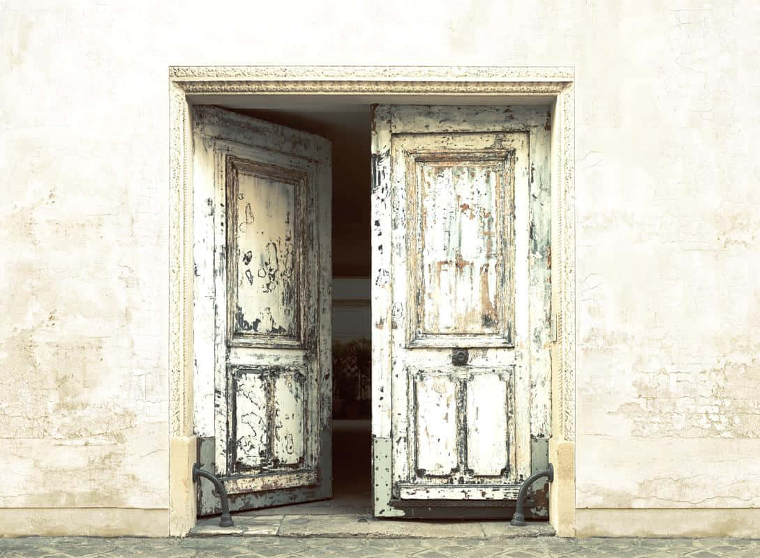 old white open door, peeling paint, textured wall, SD Desktop Wallpaper