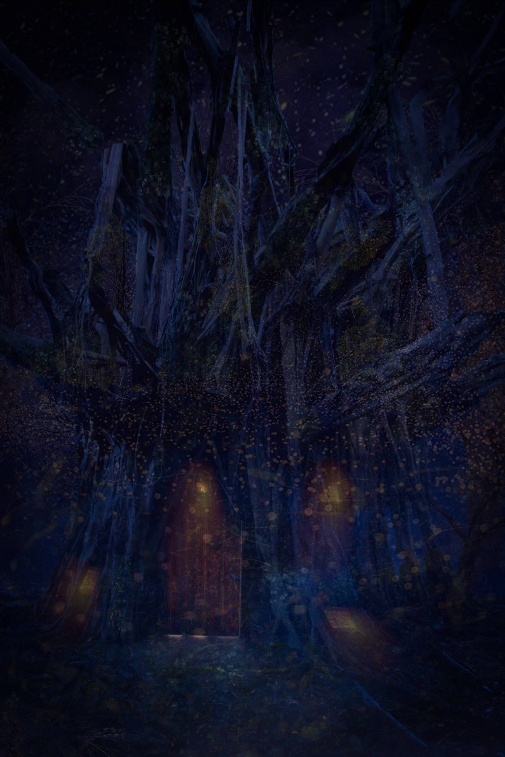 creepy gloomy tree door, ancient tree, glowing amber lights, 2K Phone Wallpaper