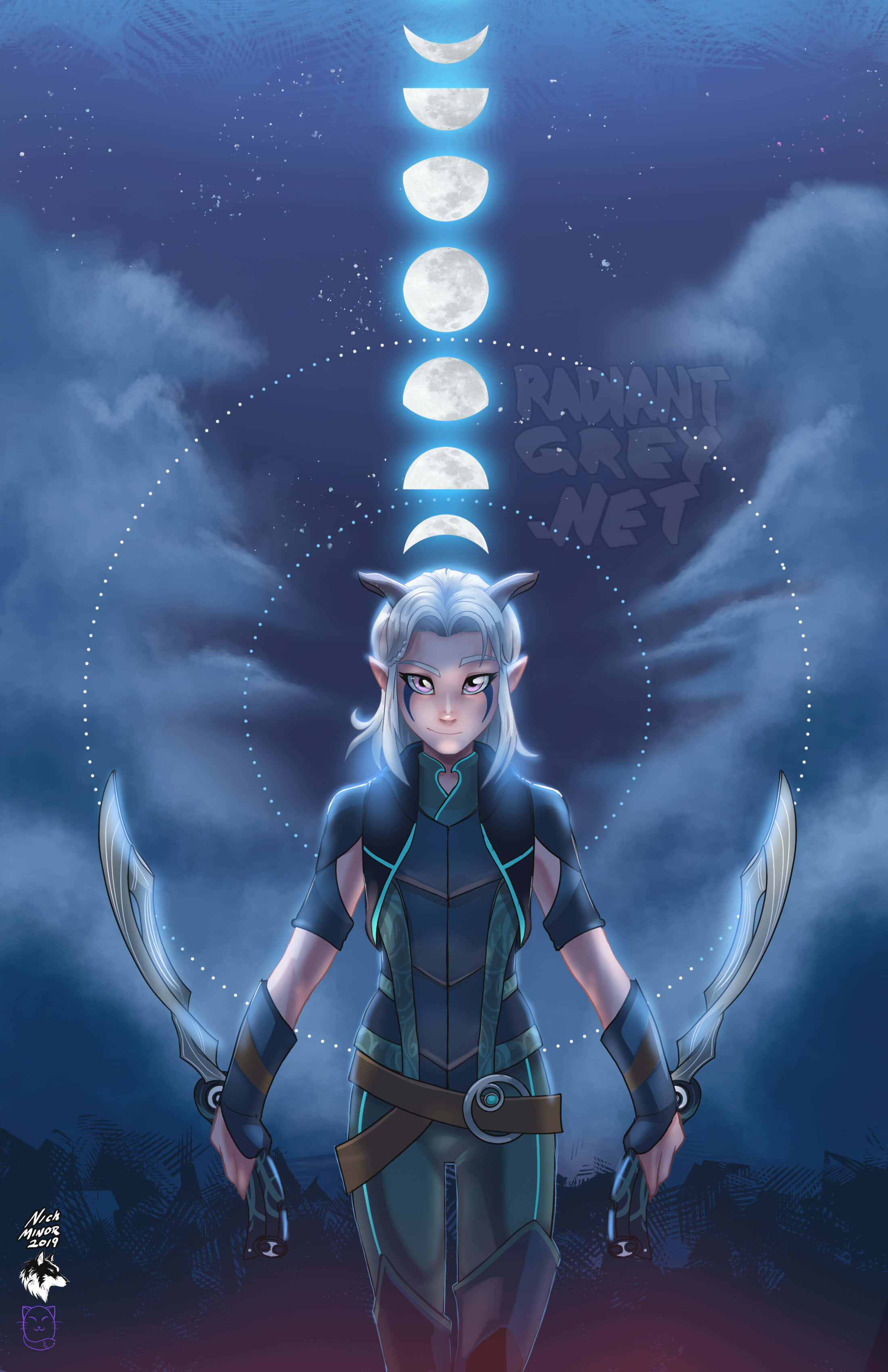 The Dragon Prince, silver-haired elf warrior, glowing moons, 2K Phone Wallpaper
