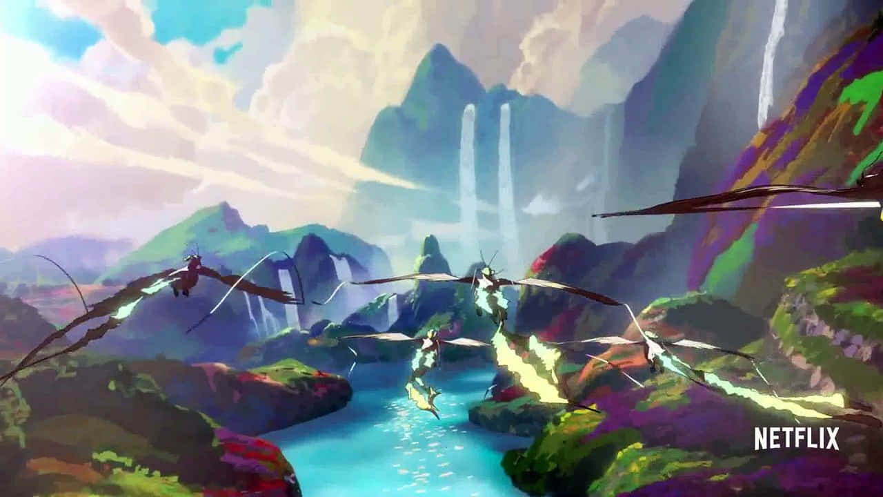 The Dragon Prince, animated dragons, vibrant mountain river, HD Desktop Wallpaper