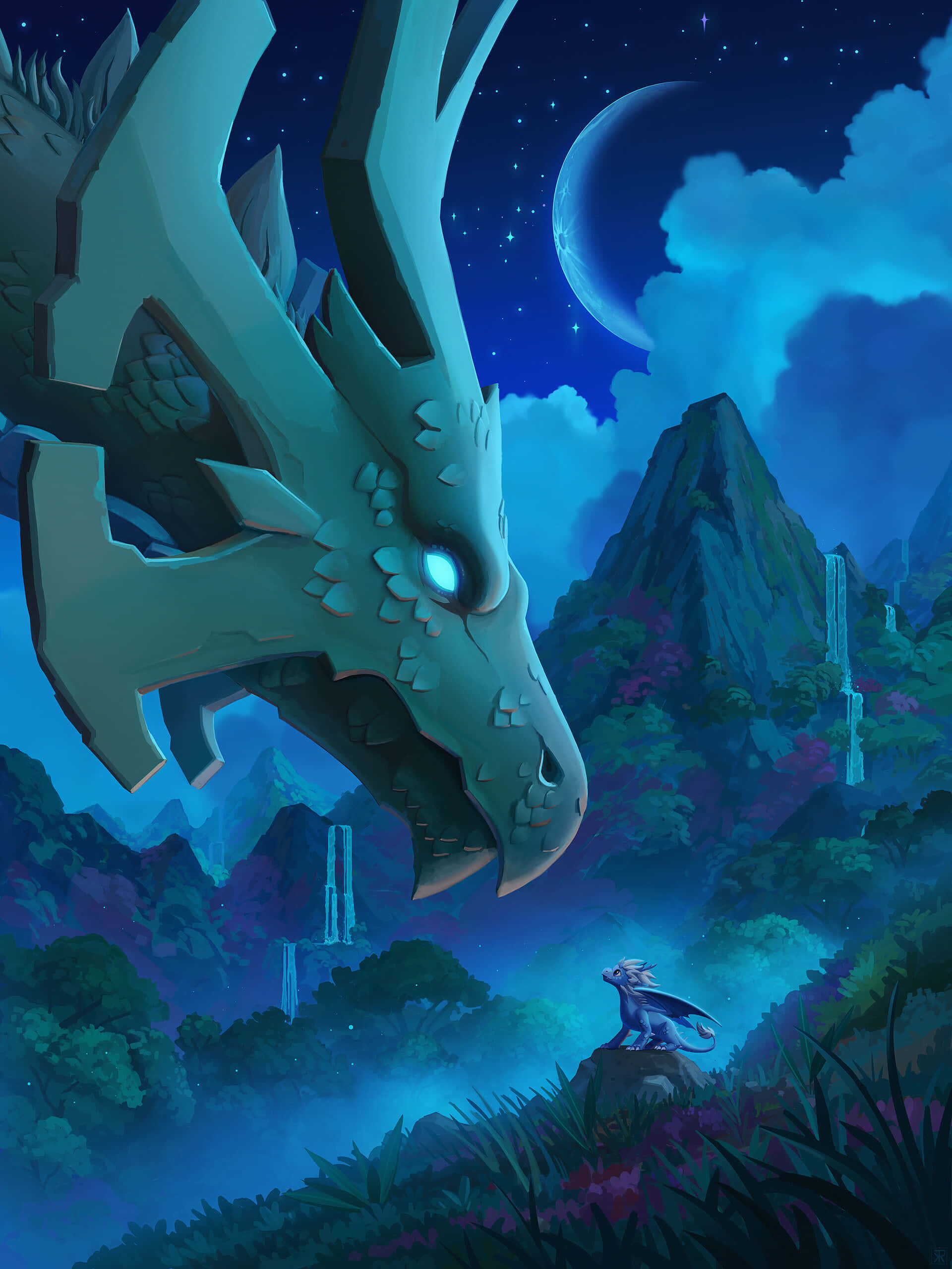 The Dragon Prince, glowing-eyed dragon, crescent moon, 2K Phone Wallpaper