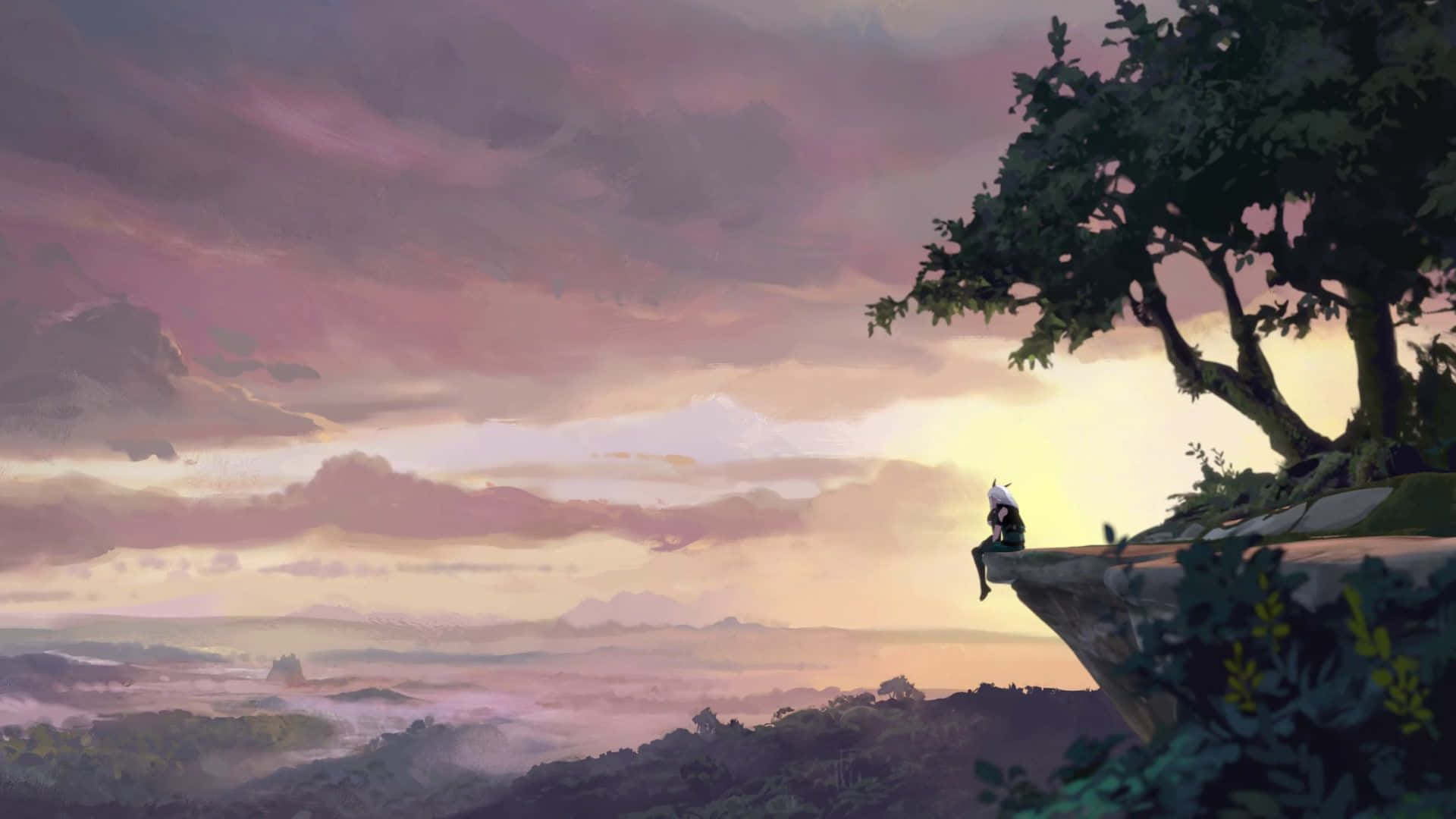 The Dragon Prince, purple and gold sky, misty valley, Full HD Desktop Wallpaper