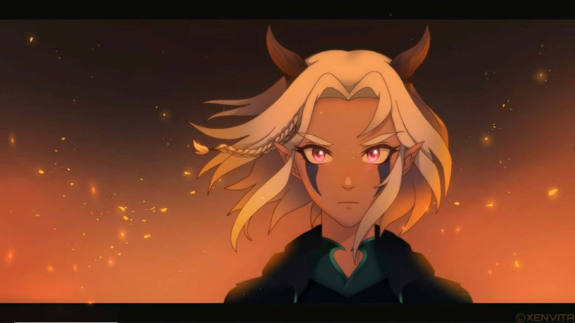The Dragon Prince, glowing red eyes, fiery orange sunset, Full HD Desktop Wallpaper