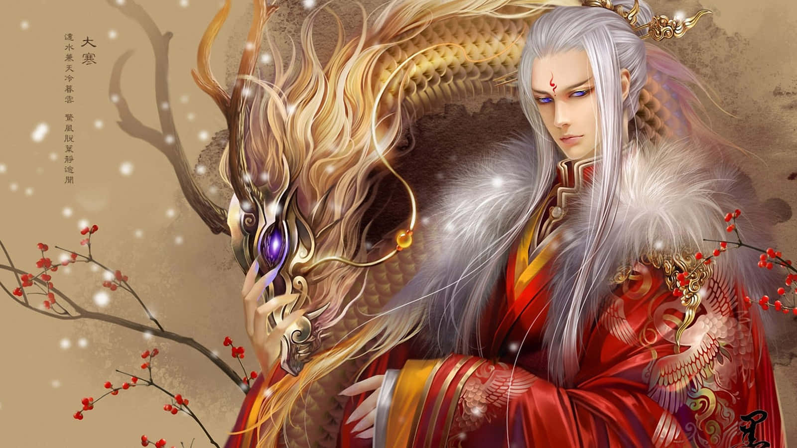 Prince with Dragon, white-haired figure, red robes, HD Desktop Wallpaper