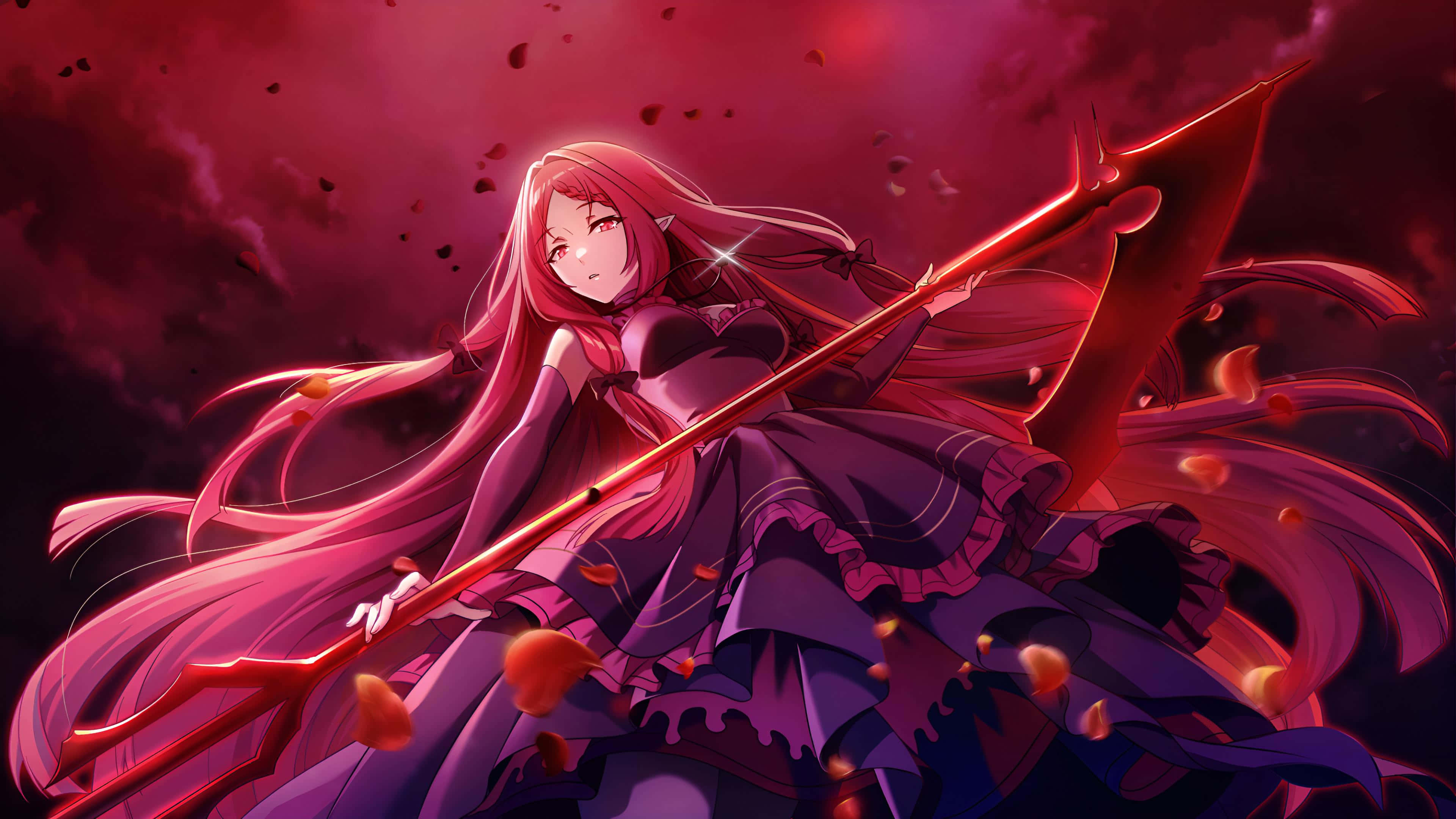 Eminence In Shadow, crimson-haired anime girl, dark dress, 4K Desktop Wallpaper