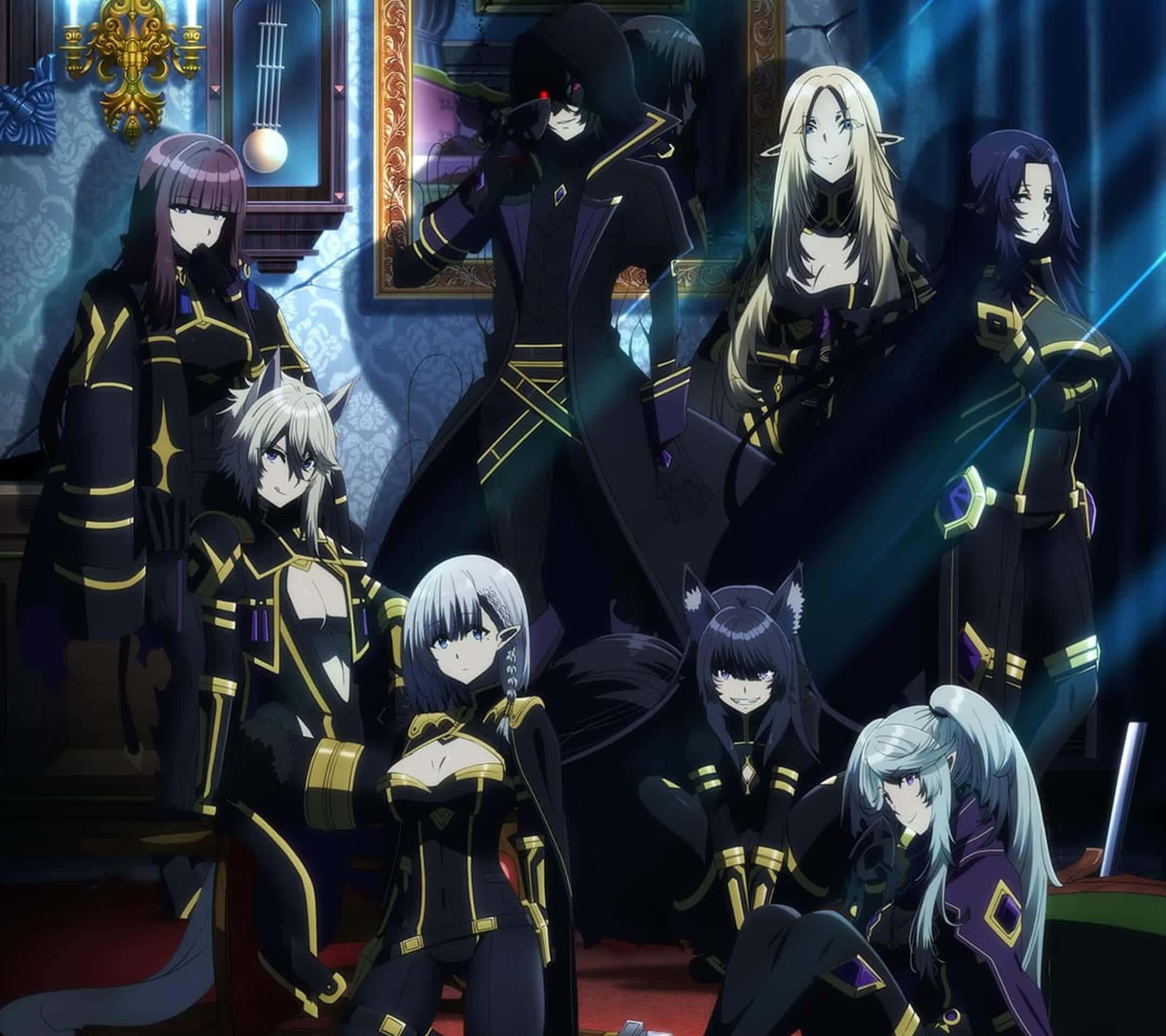Eminence In Shadow, black and gold uniforms, dimly lit ornate room, Full HD Desktop Wallpaper