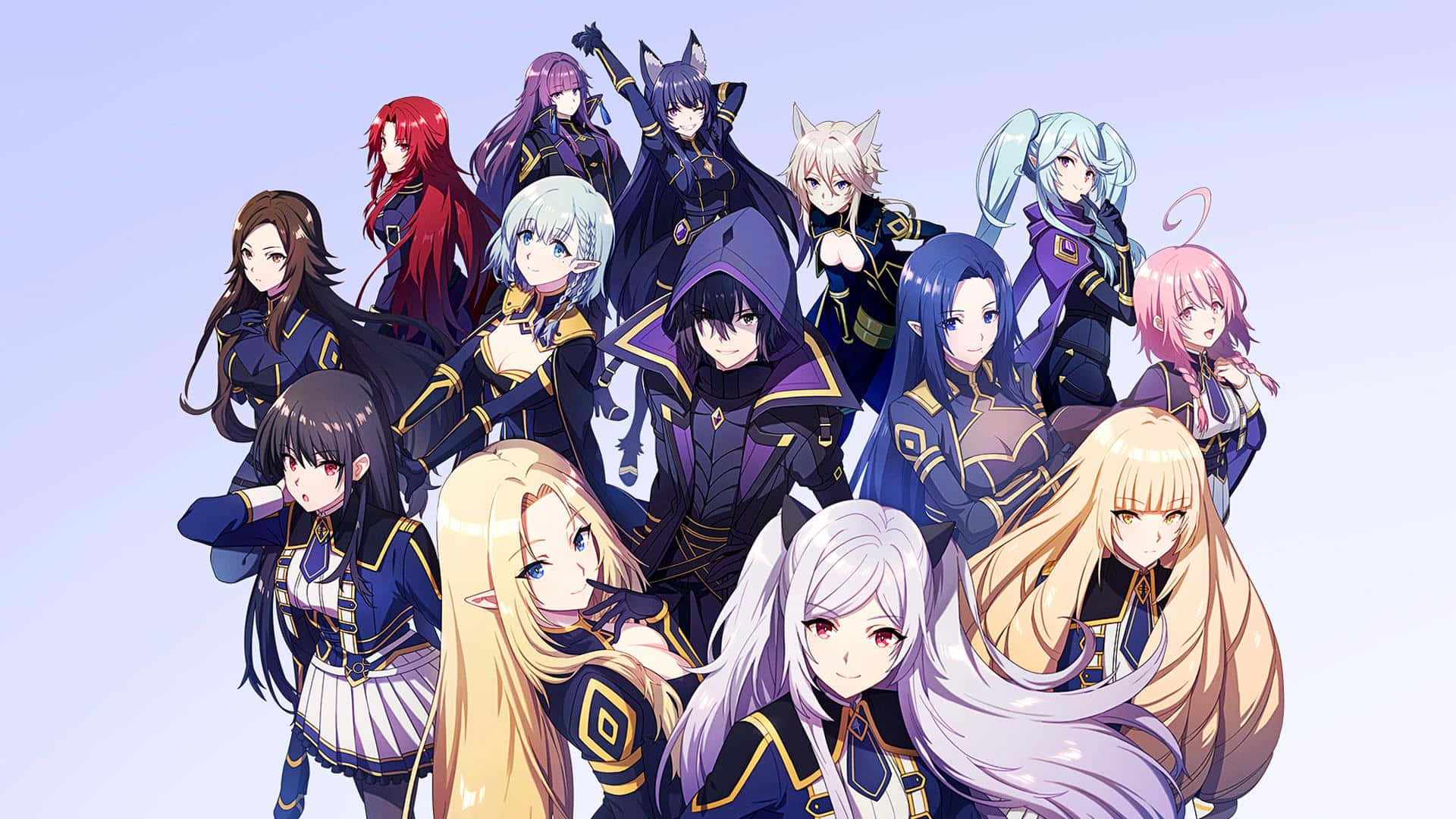 Eminence In Shadow, dark blue and gold uniforms, lavender background, Full HD Desktop Wallpaper