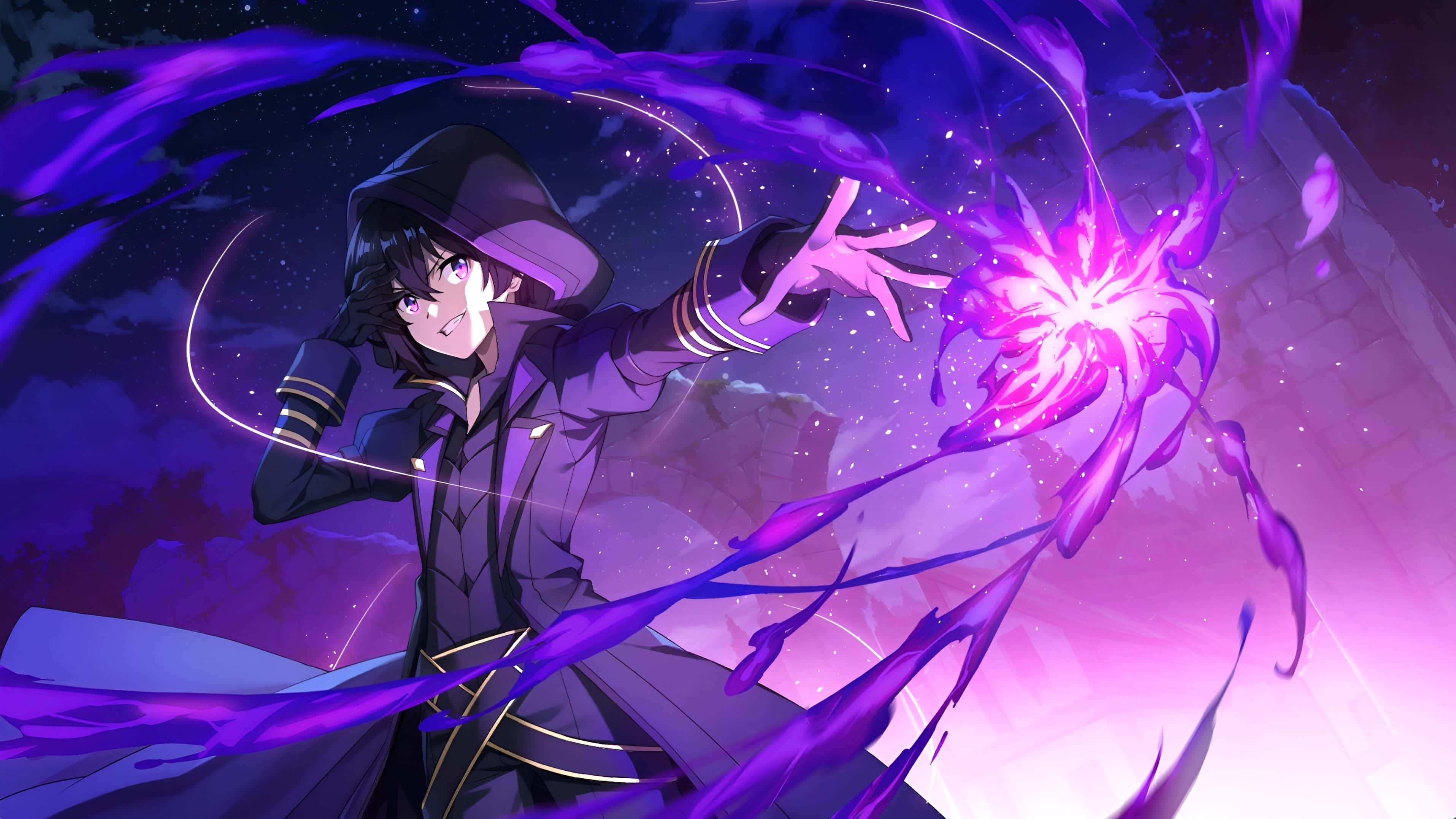 Eminence In Shadow, hooded anime mage, glowing purple energy, 2K Desktop Wallpaper
