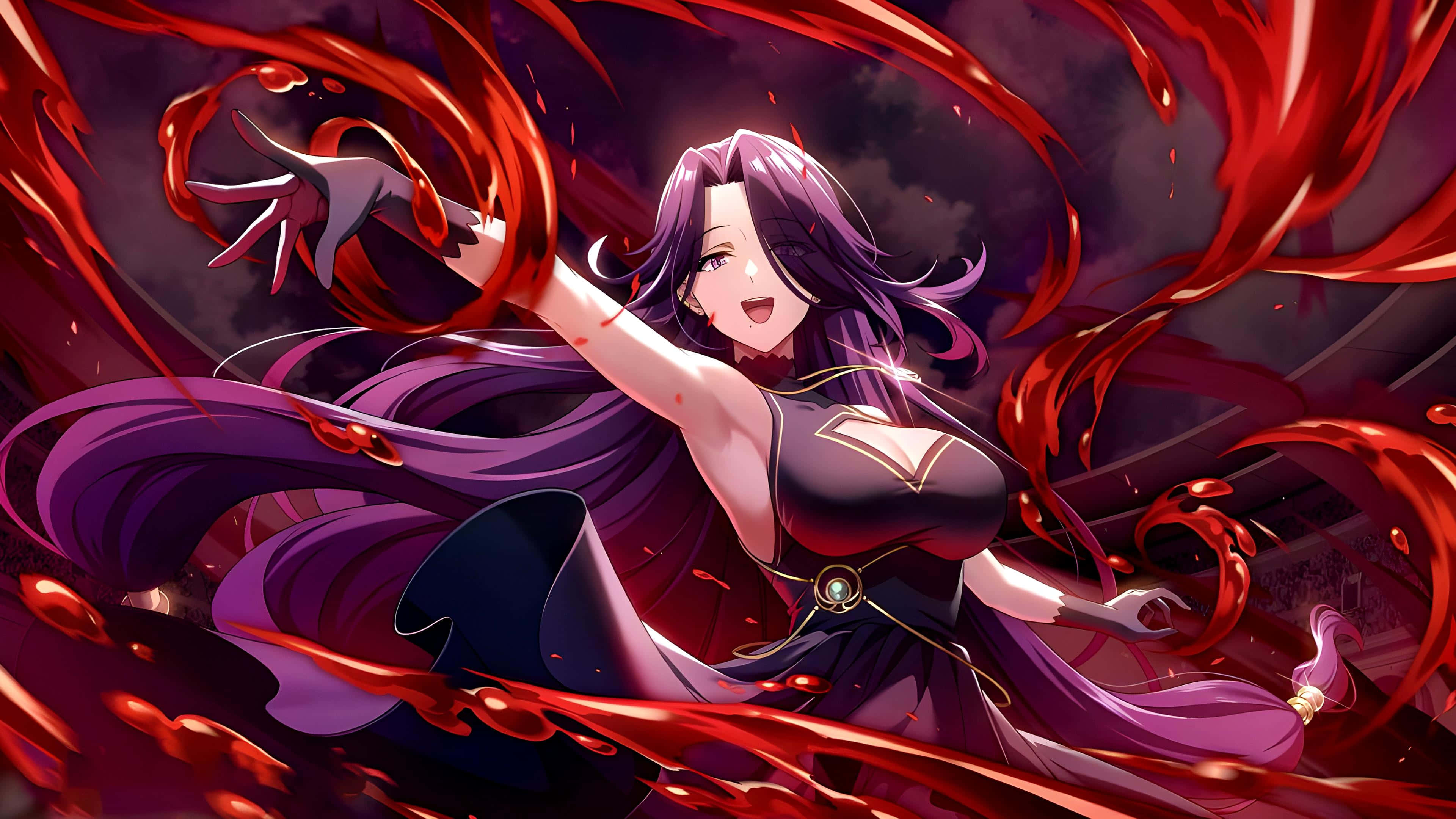 Eminence In Shadow, purple hair, swirling red energy, 4K Desktop Wallpaper