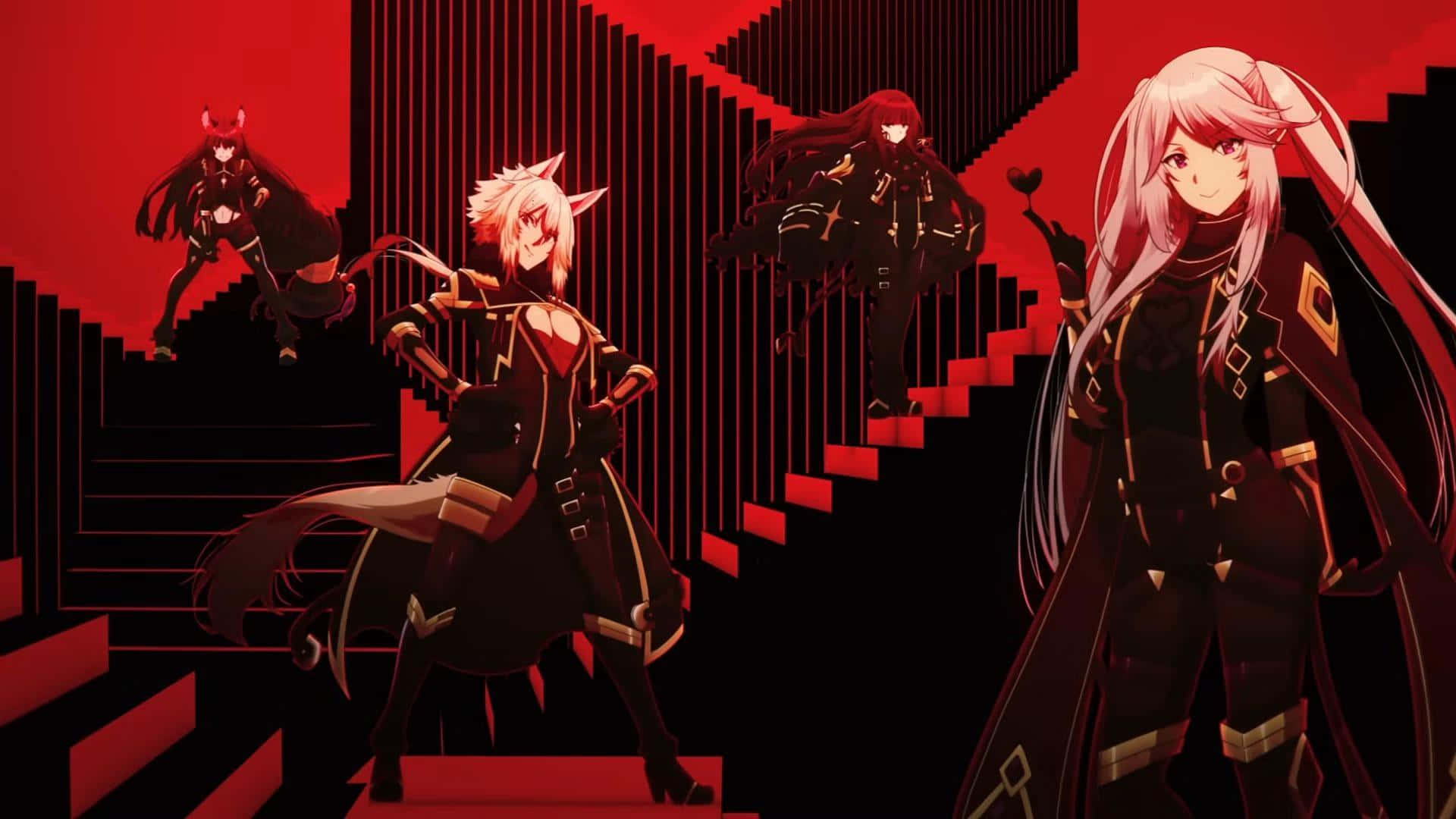Eminence In Shadow, red backdrop, black outfits, Full HD Desktop Wallpaper