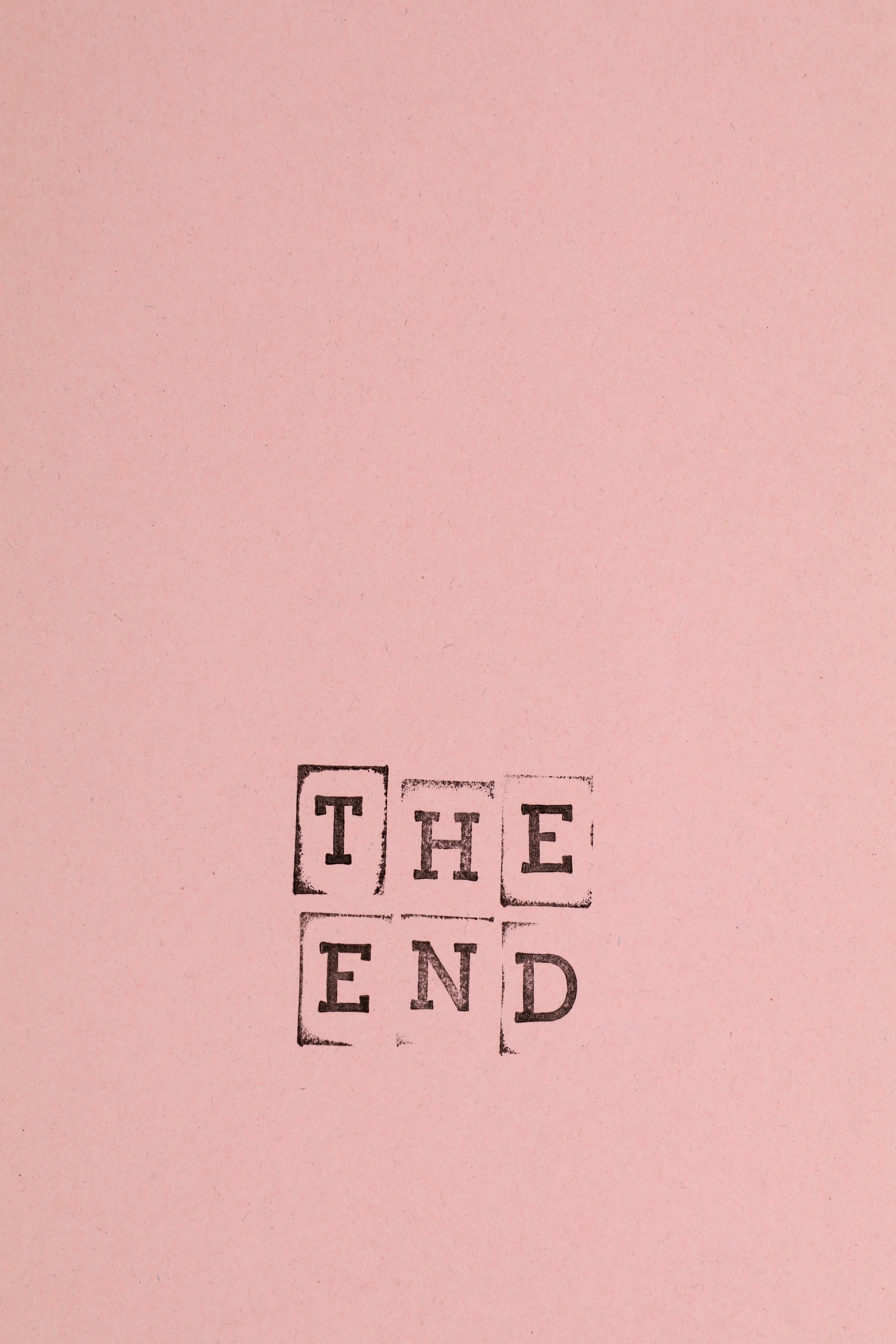 THE END, black ink, textured pink paper, 5K Phone Wallpaper