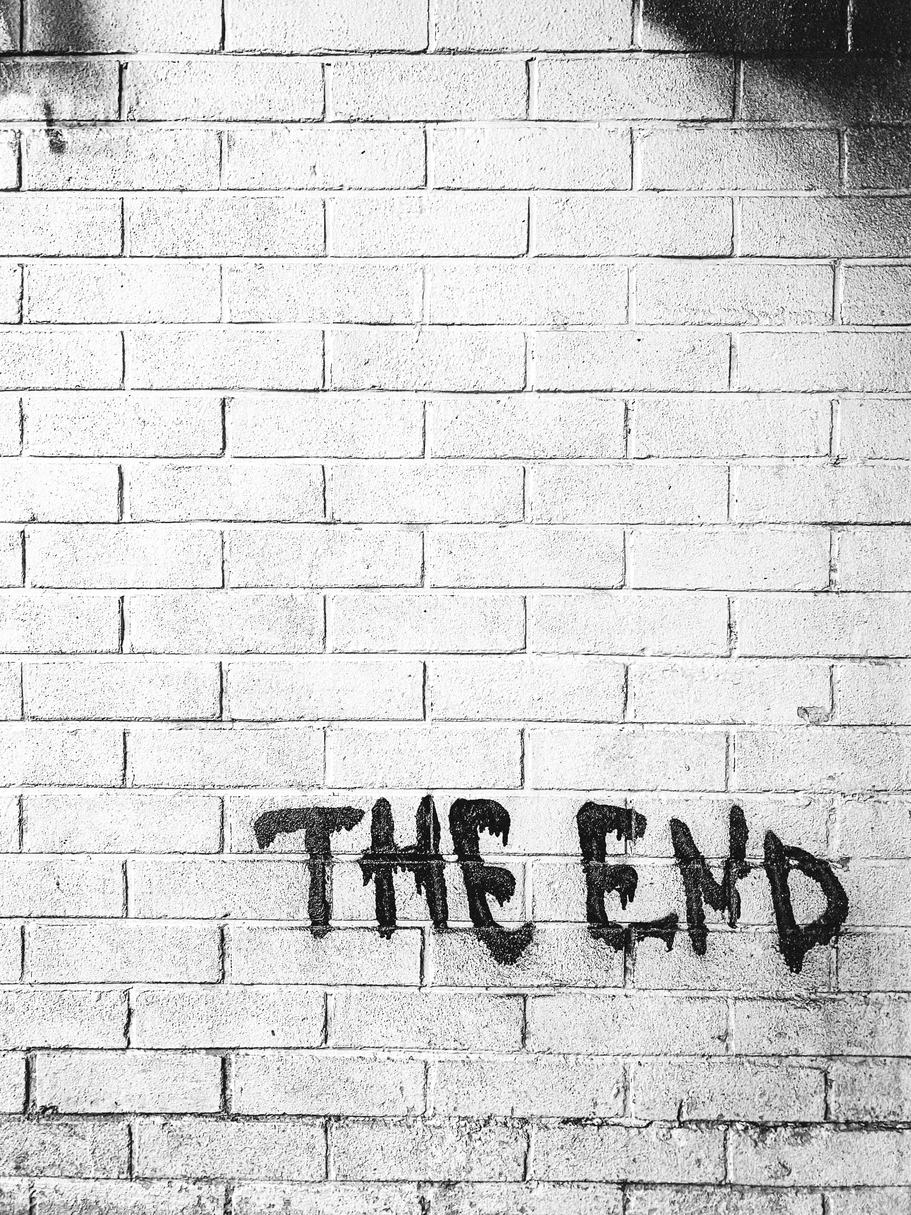 THE END, black graffiti, weathered white brick wall, 4K Phone Wallpaper
