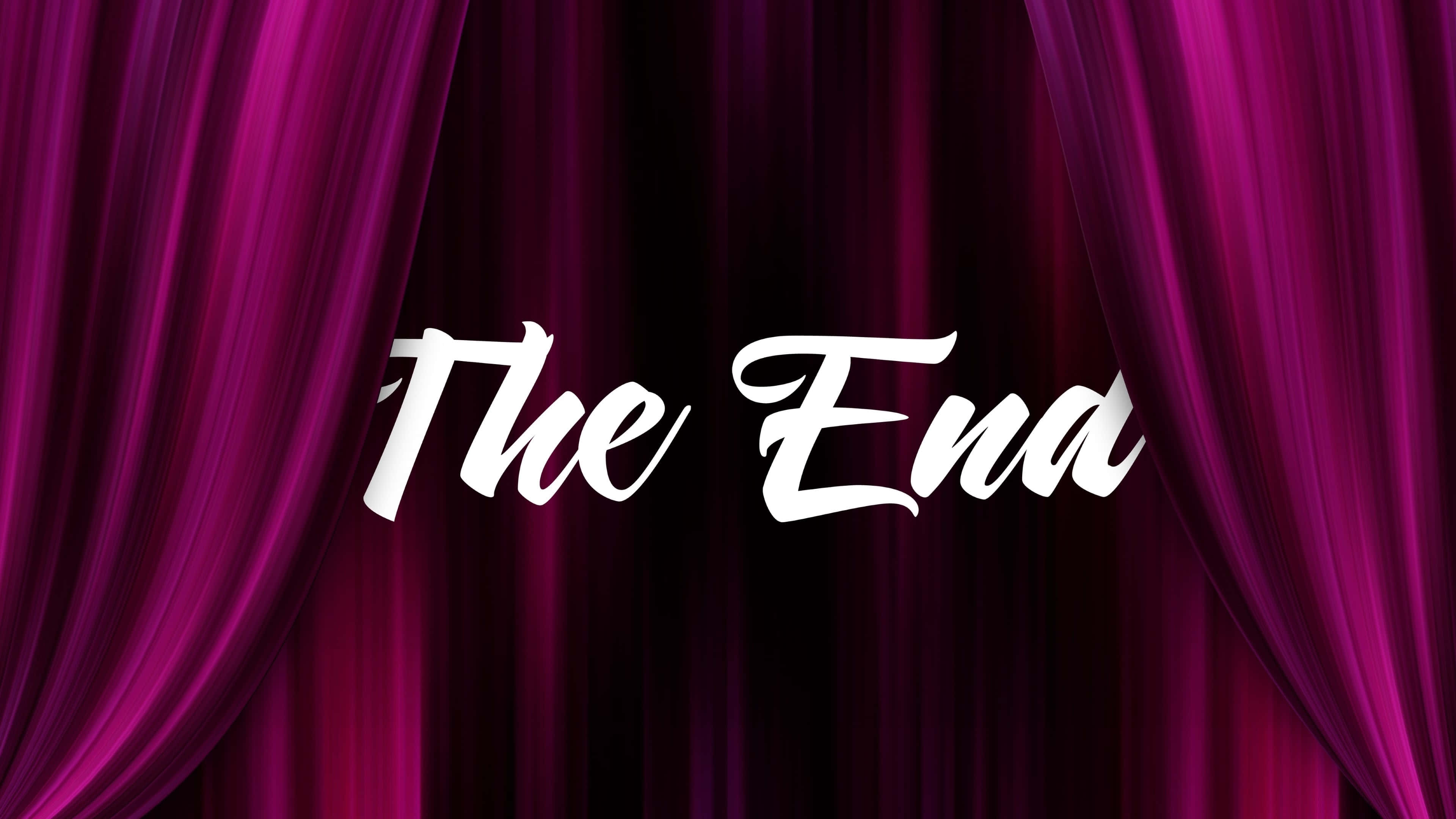 The End, rich purple velvet curtains, elegant white script, 4K Desktop Wallpaper