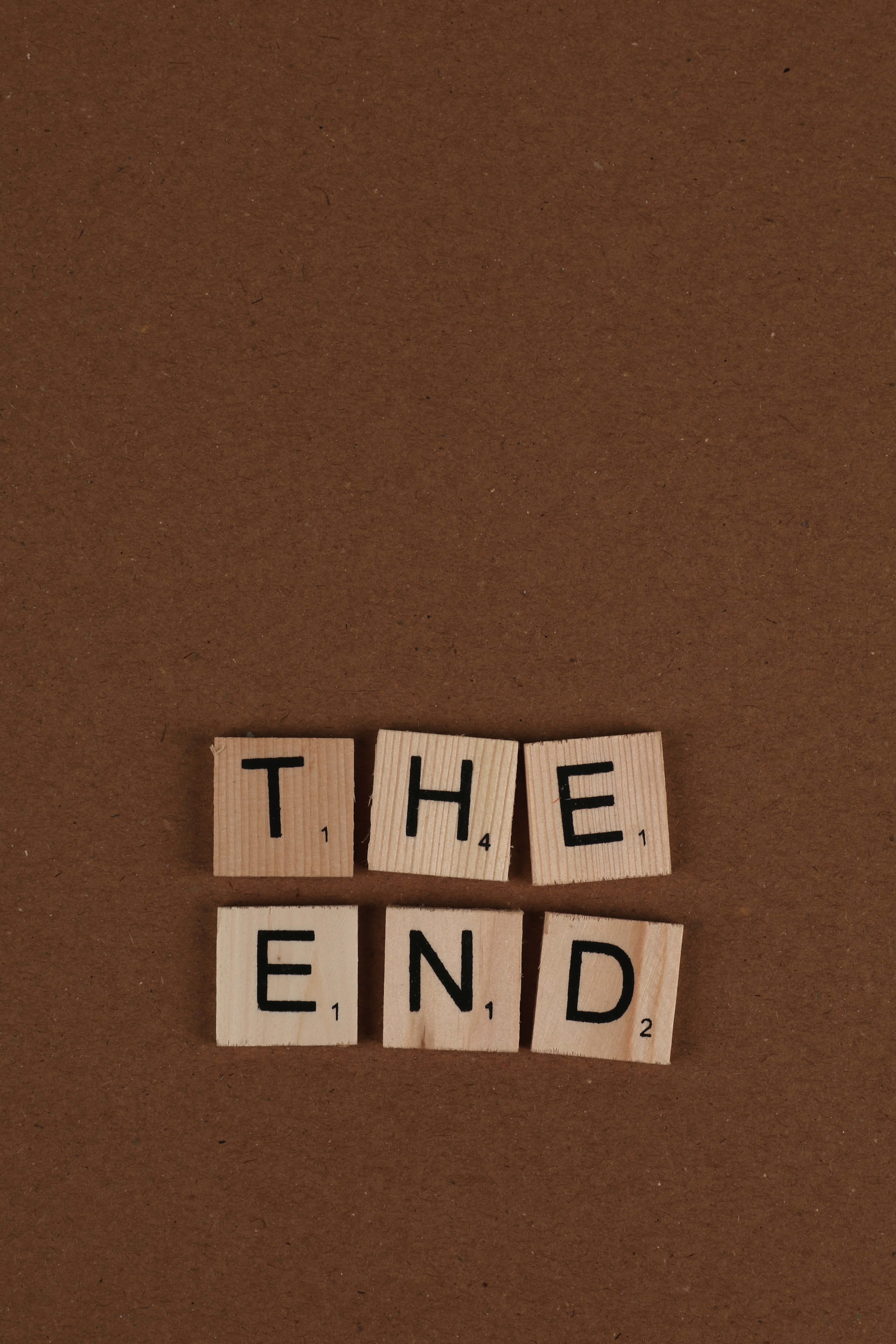 THE END, Wooden Scrabble tiles, textured brown surface, 5K Phone Wallpaper