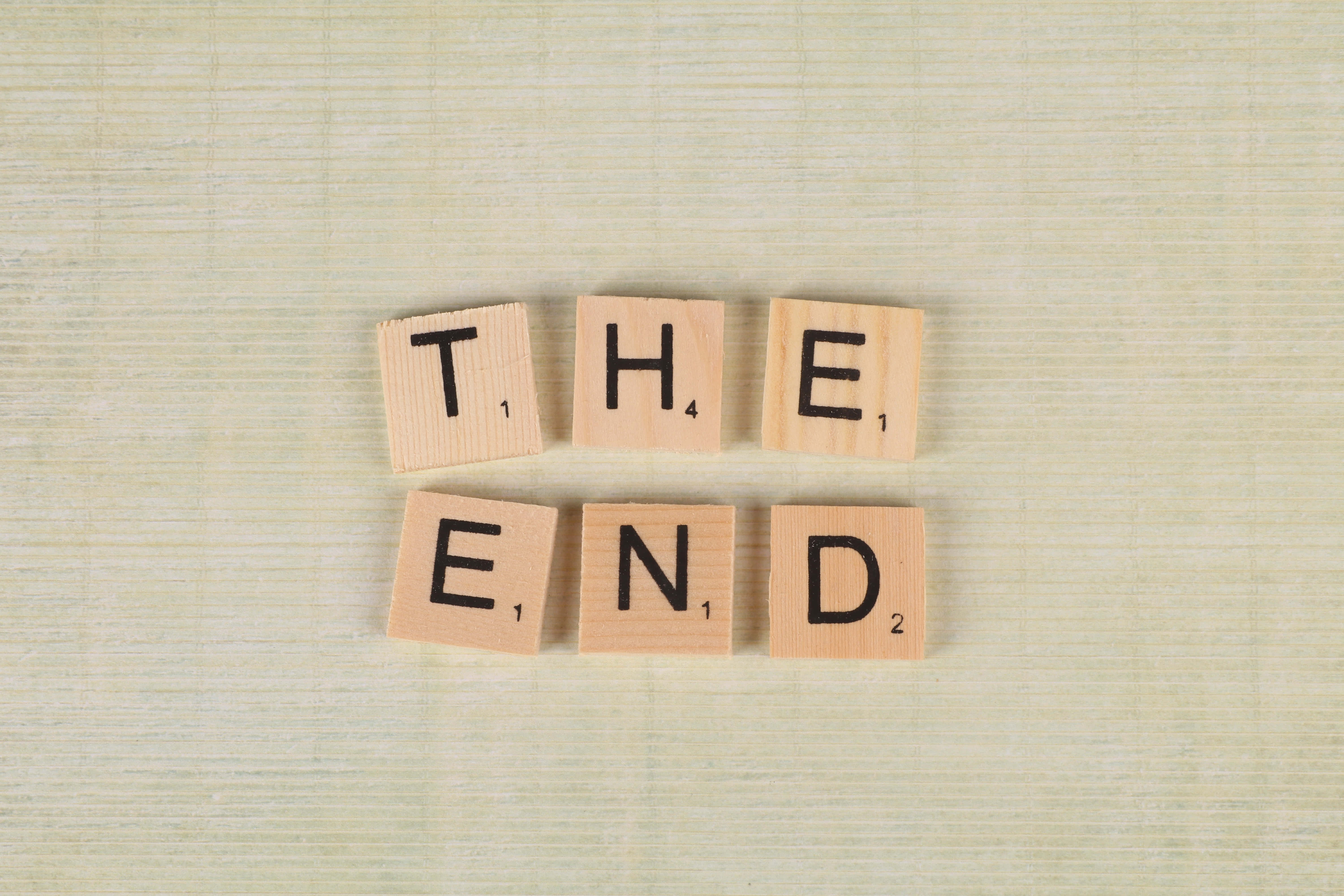 THE END, Wooden Scrabble tiles, textured beige surface, 5K Desktop Wallpaper