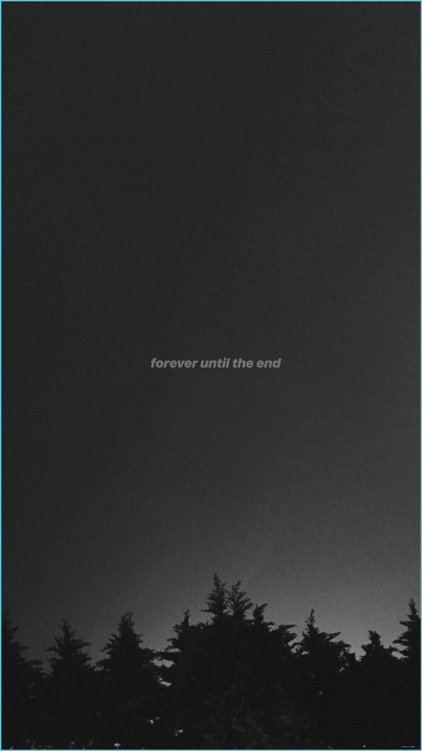 The End, silhouetted evergreen trees, gradient night sky, 2K Phone Wallpaper