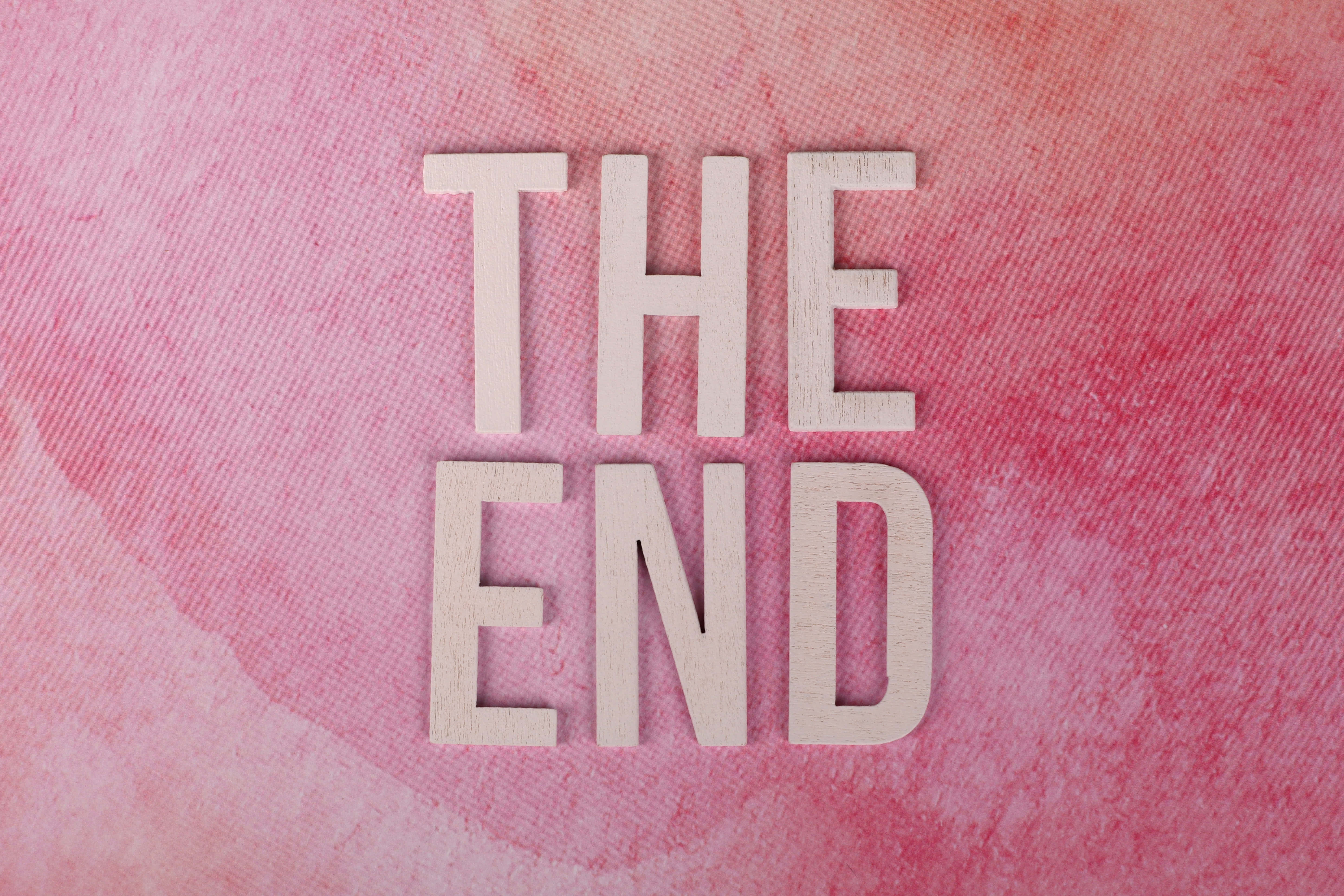 THE END, soft pink watercolor background, subtle texture, 5K Desktop Wallpaper