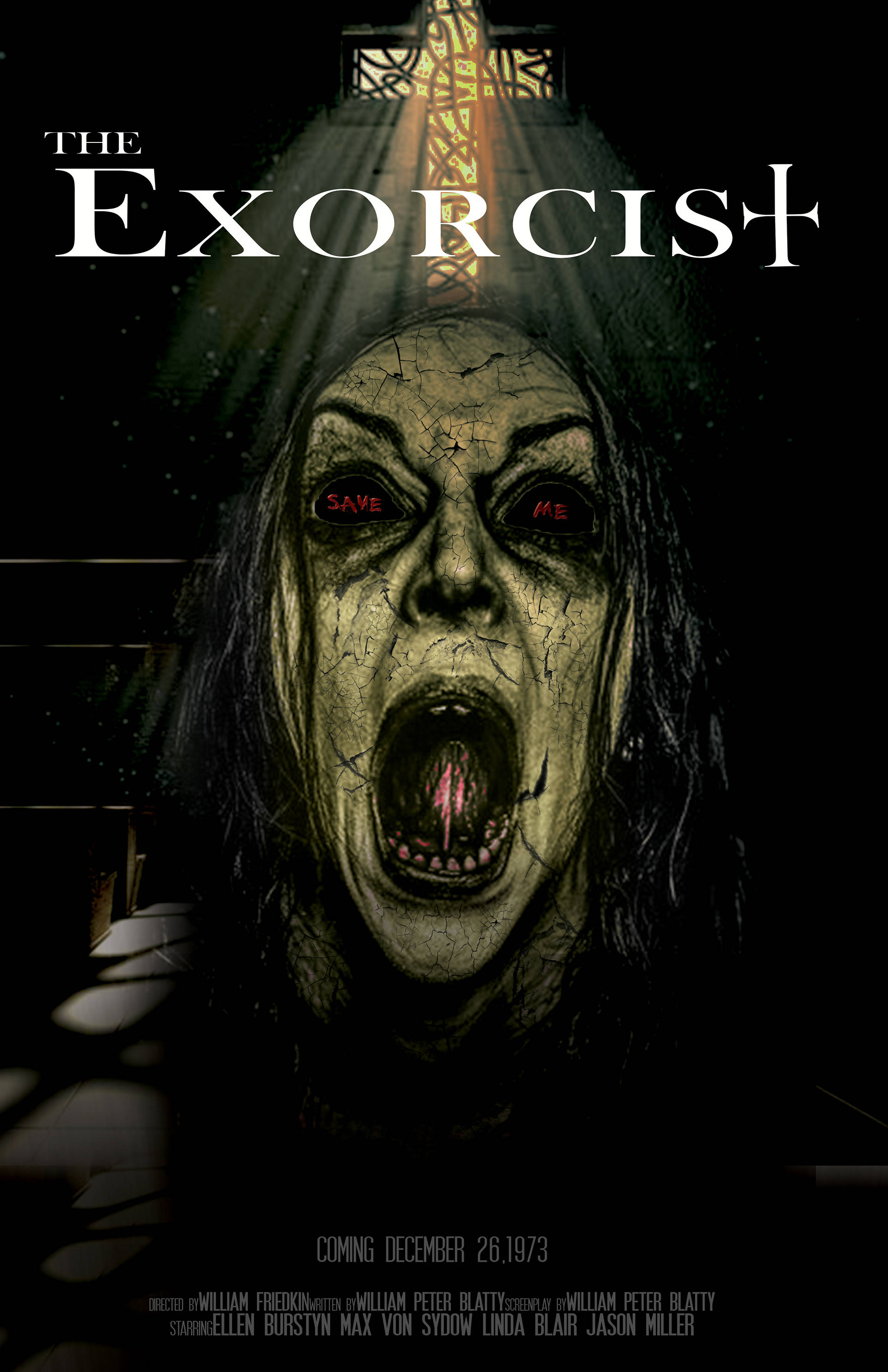The Exorcist, demonic face, glowing red eyes, 2K Phone Wallpaper