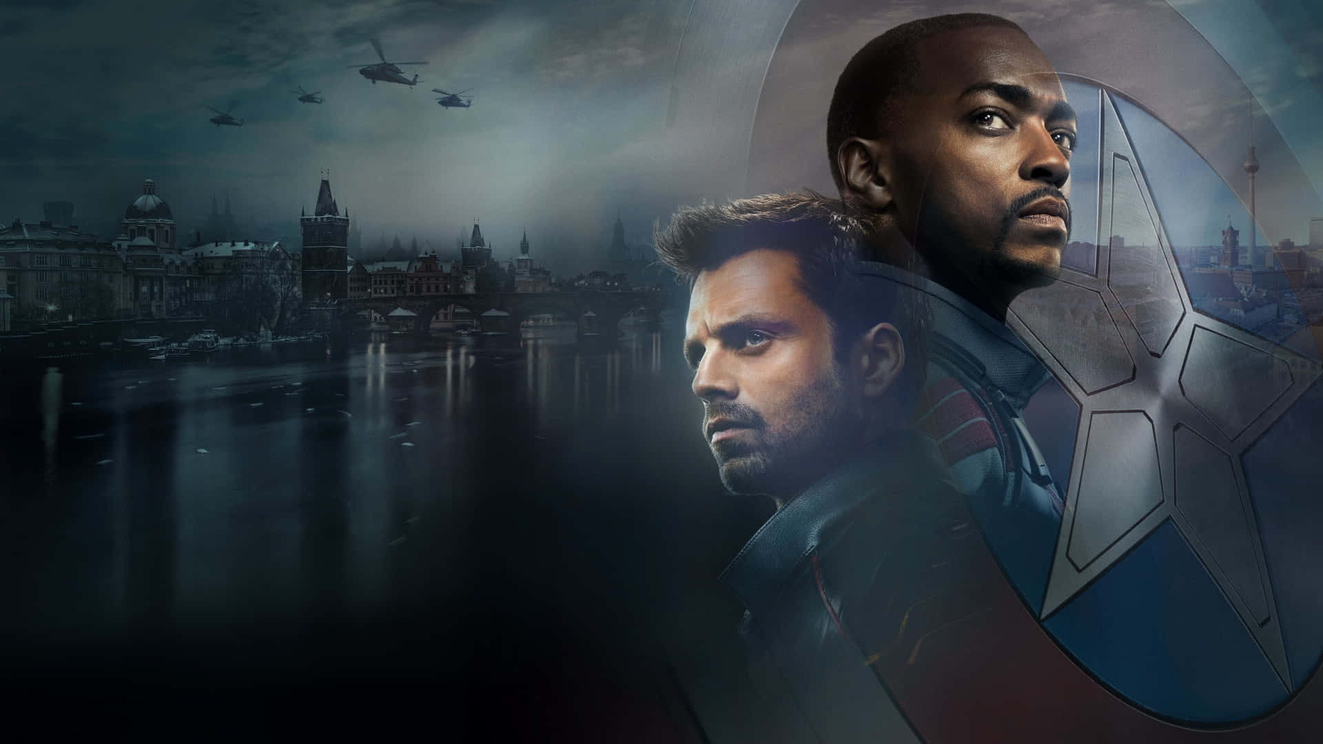 The Falcon and the Winter Soldier, stormy cityscape, helicopters, Full HD Desktop Wallpaper