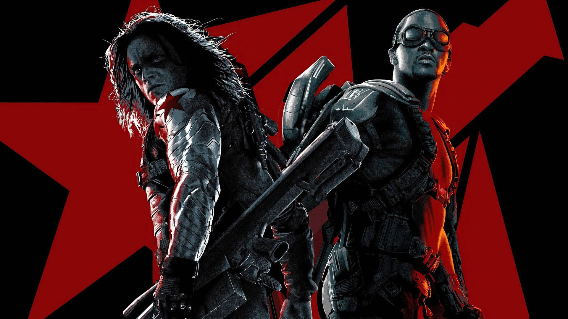 Winter Soldier, Falcon, red star backdrop, Full HD Desktop Wallpaper