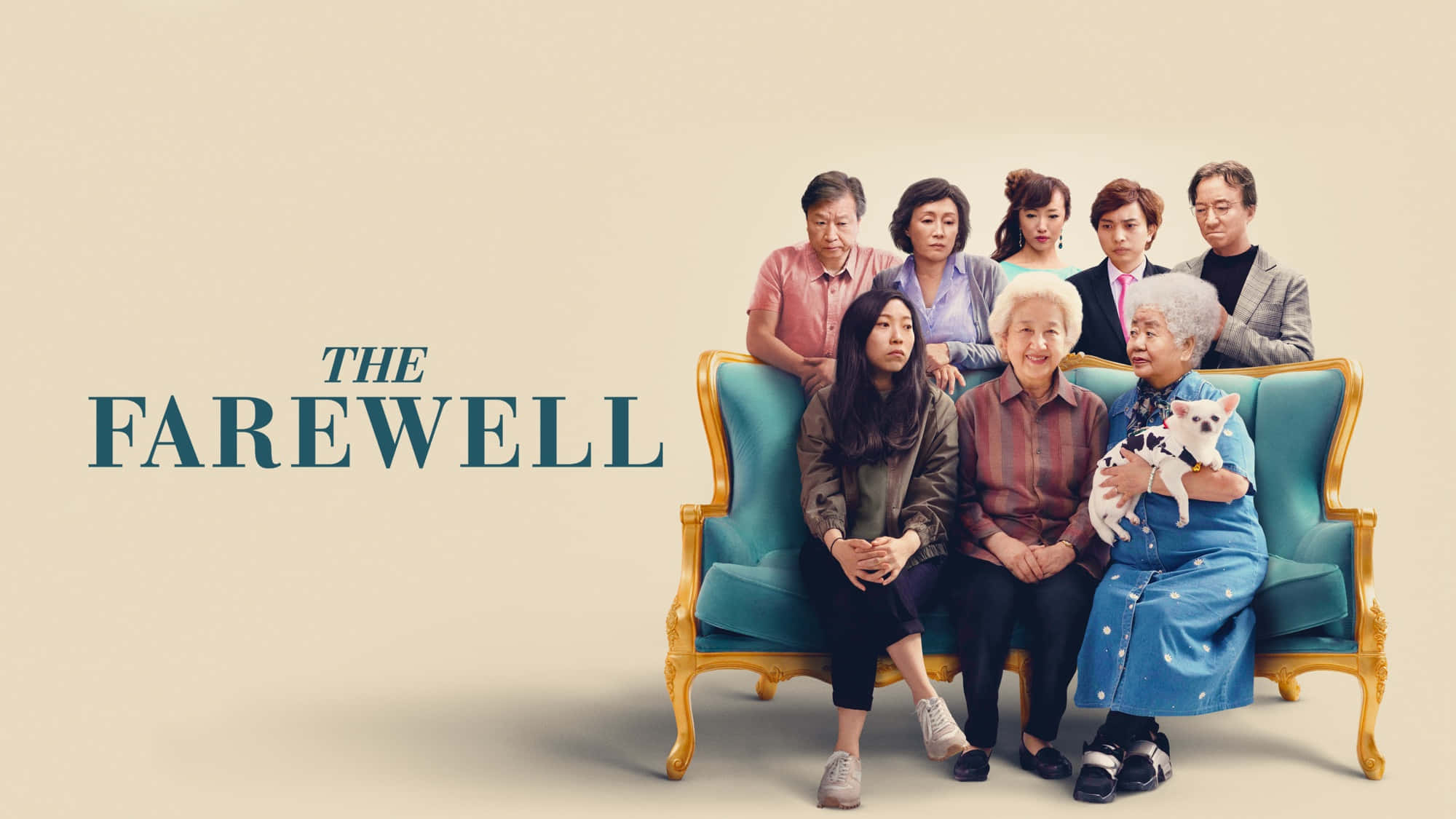 The Farewell, teal and gold sofa, small white dog, Full HD Desktop Wallpaper