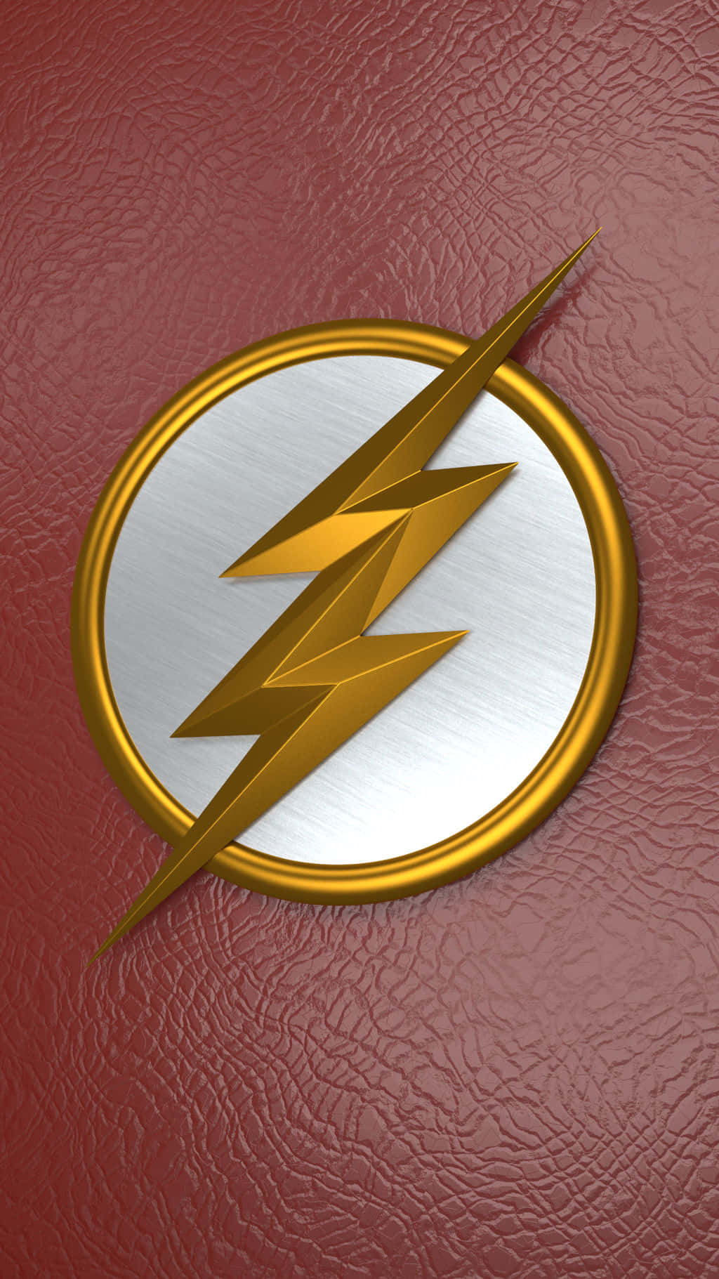 The Flash, metallic gold lightning bolt, textured red leather background, HD Phone Wallpaper
