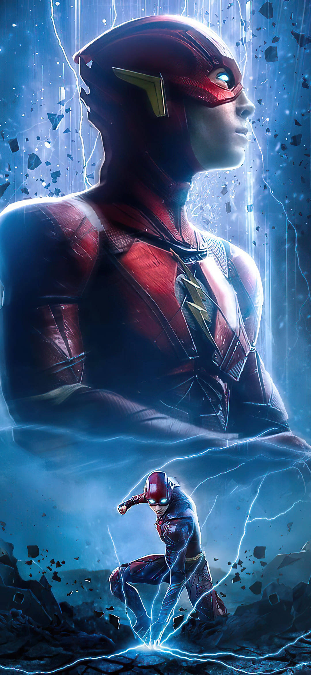 The Flash Movie, lightning, shattered blue background, Full HD Phone Wallpaper